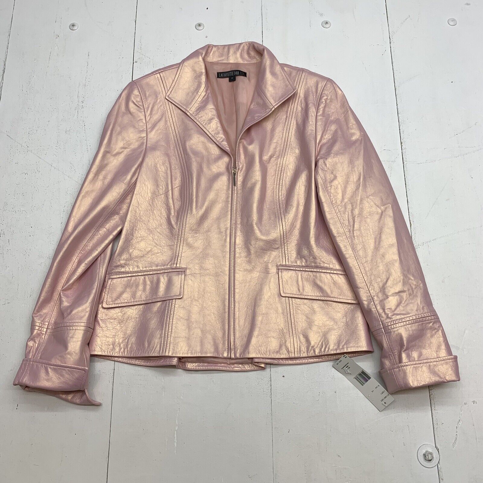 Lafayette 148 Womens Pink Iridescent full zip Leather Coat size 14