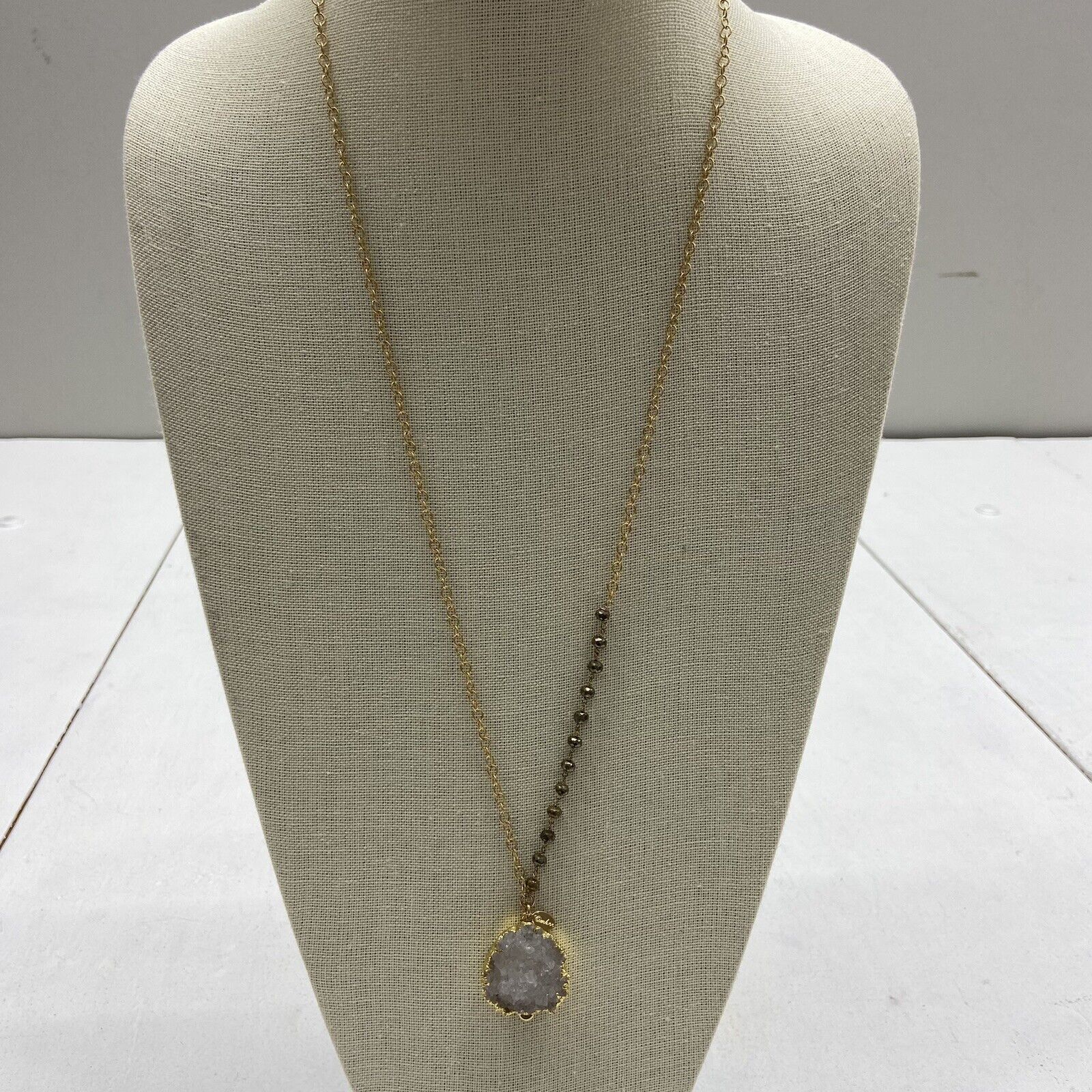Kelly Cimber Gold Tone Chain Necklace With White Crystal Cluster Pendant 15”