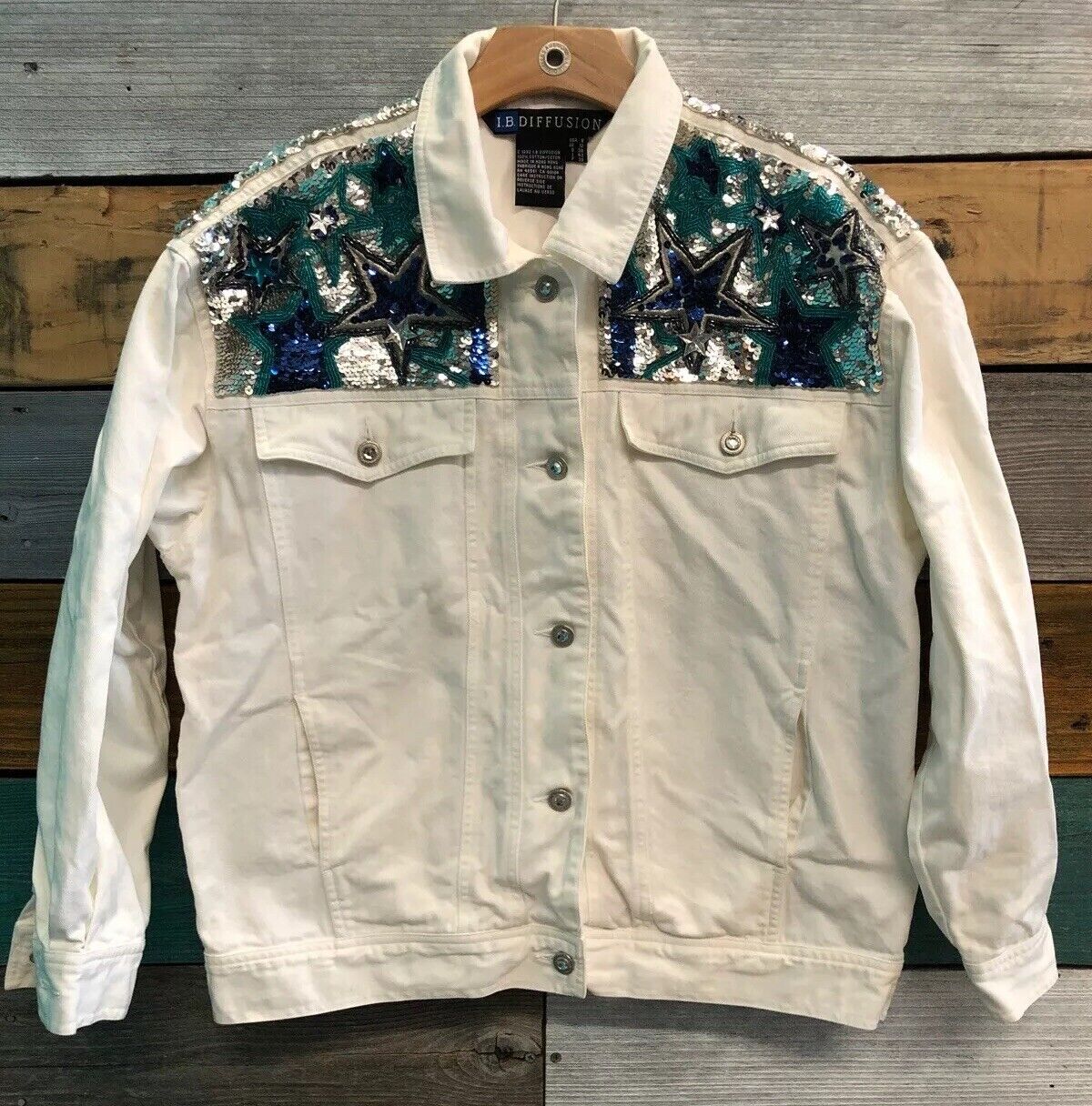 Vintage 90’s I.B. Diffusion White denim jacket W/sequins stars Size 8