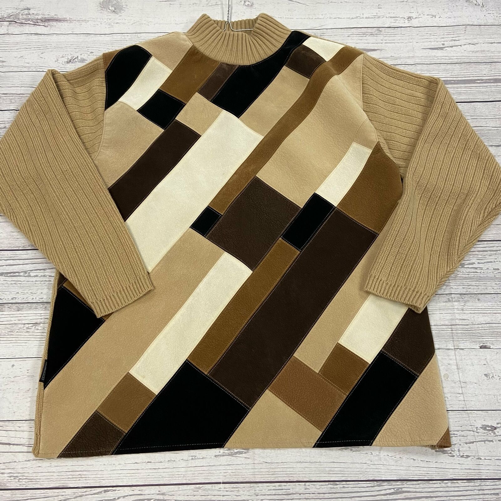 Vintage Koman Brown Patchwork Pullover Sweater Men Size Medium Oversized