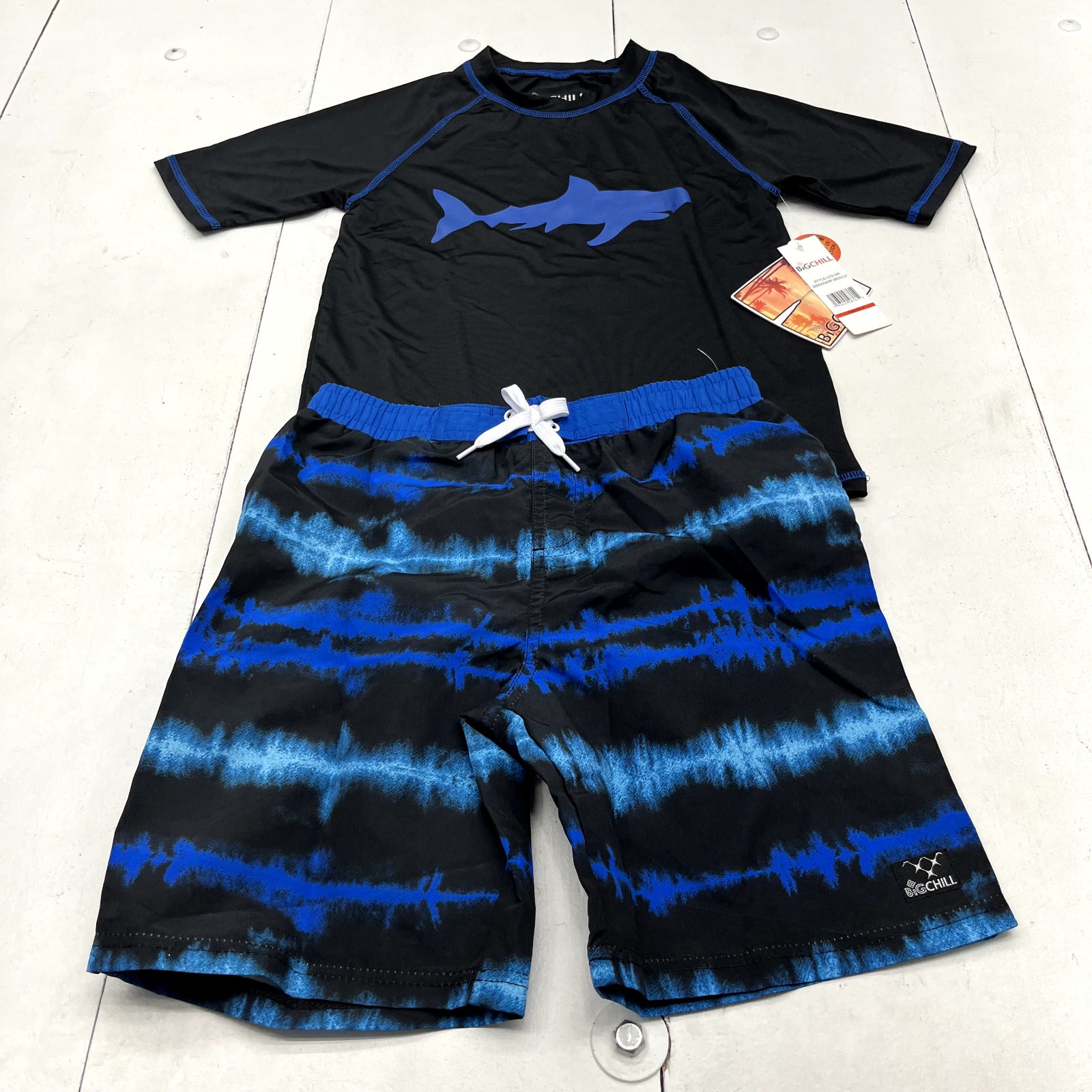 Big Chill Black & Blue Shark Print 2 Piece Swim Set Boys Size 10/12