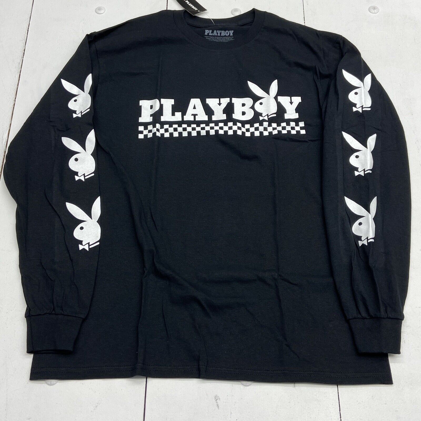 Playboy Black Checkered Bunny Graphic Long Sleeve T-Shirt Adult Size S NEW