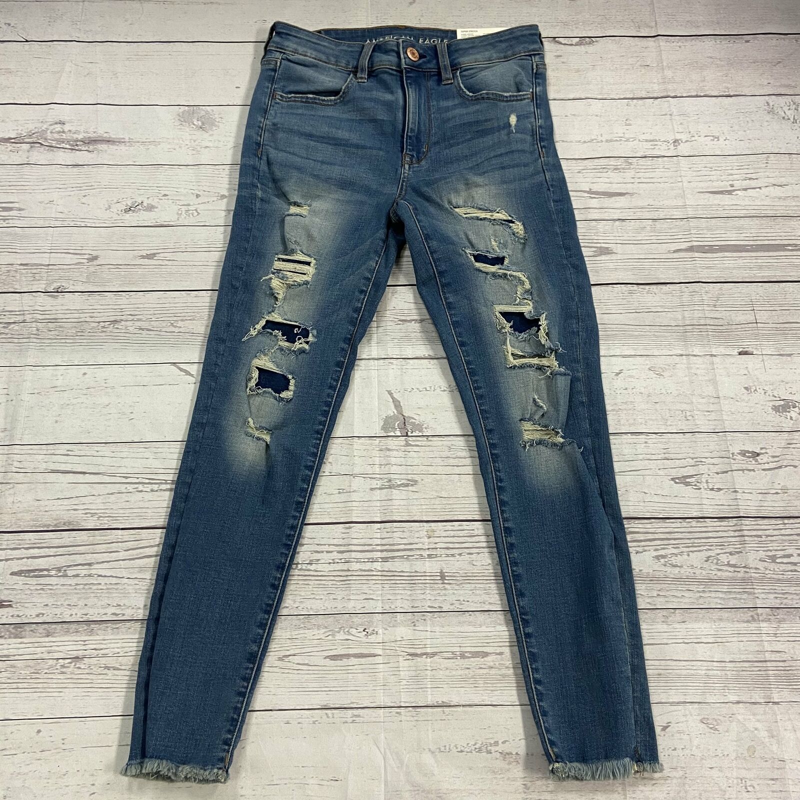 American Eagle AEO Hi Rise Jegging Jeans Distressed Frayed Ankle Women Size 6 *