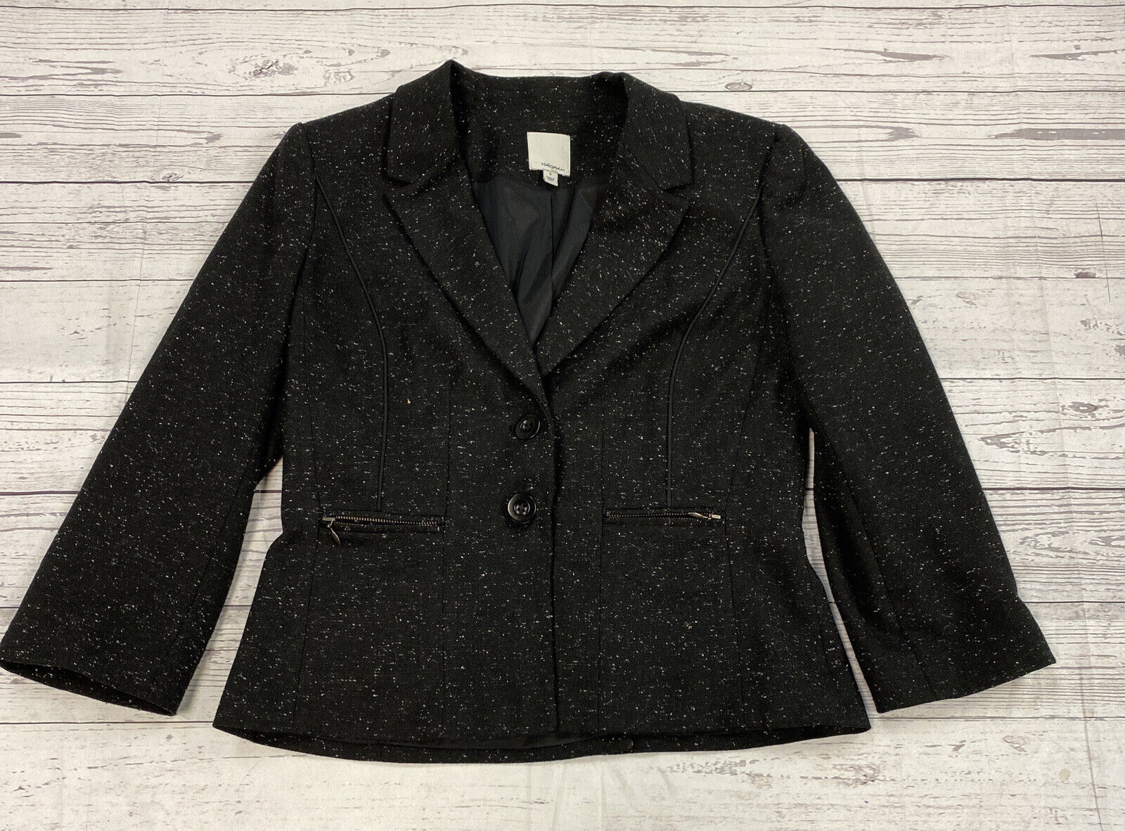 Halogen Women's Black Tweed Look Long Sleeve 2 Button Blazer Jacket Size 8