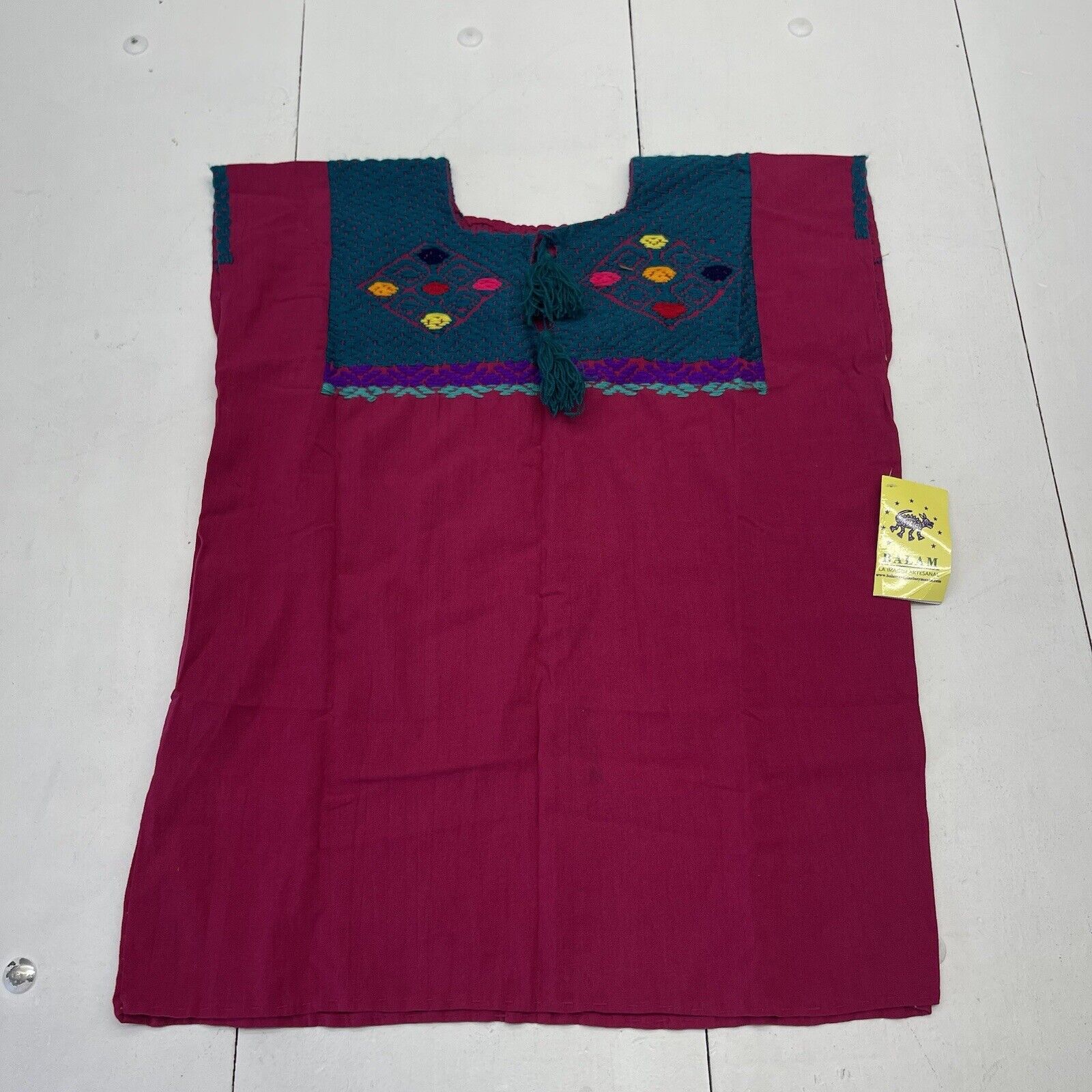 Balam Fuchsia Embroidered Tie Tassel Huipli Blouse Women’s Size OS