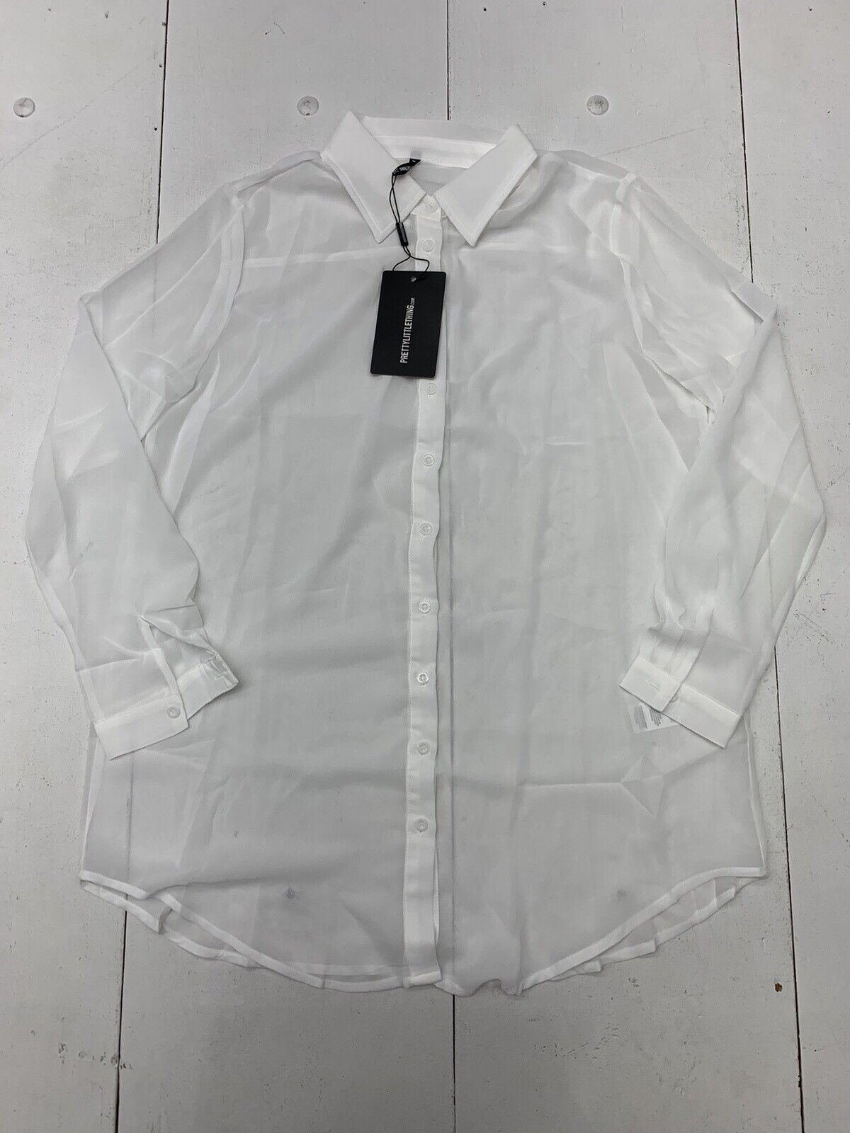 Pretty Little Thing Womens White Long Sleeve Button Up Sheer Shirt Size 4
