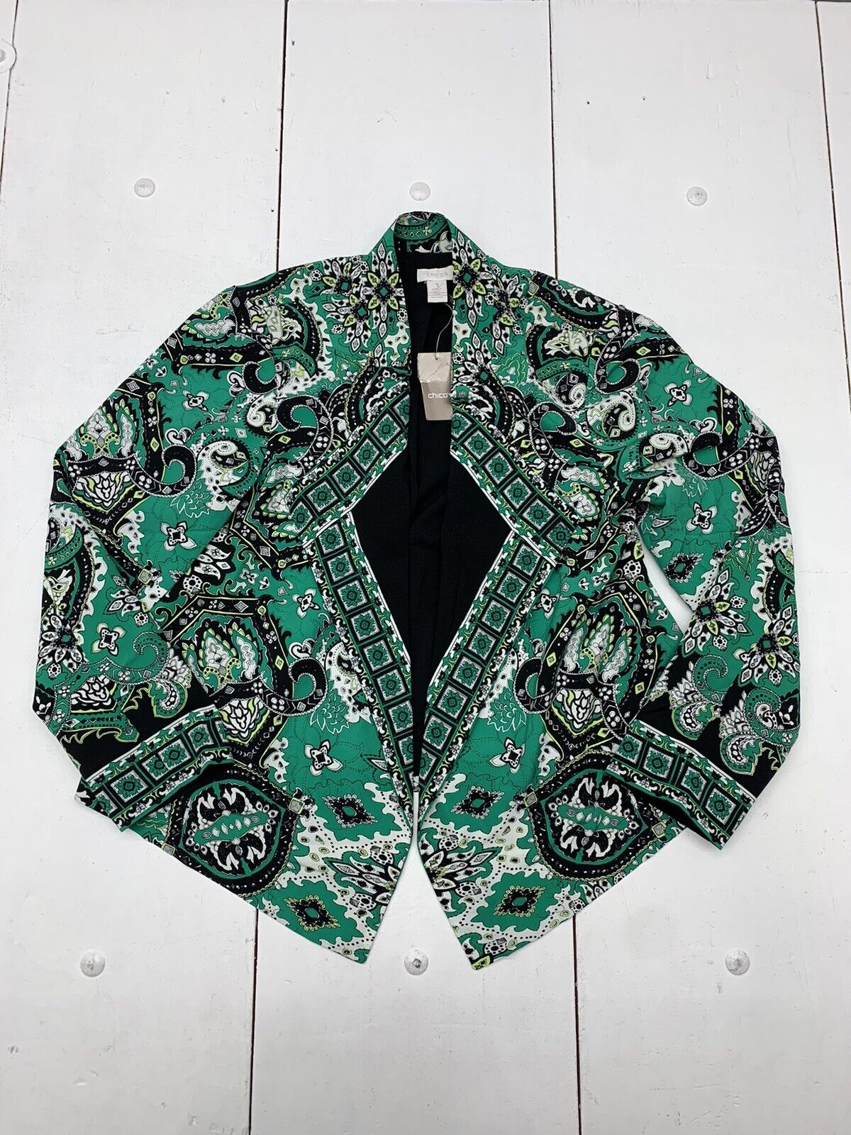 Chico's Women's Jacket Green White Paisley Open Front Long Sleeve Size 1 US