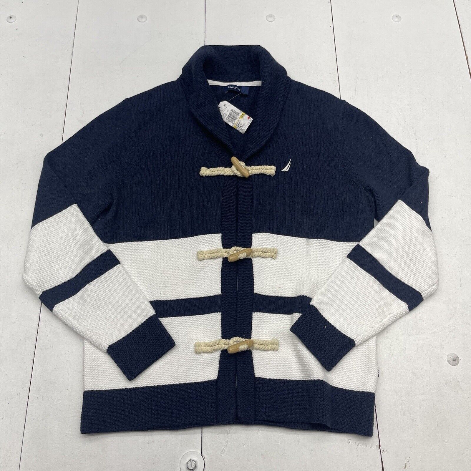 Nautica Navy Blue & White Heritage Toggle Cardigan Sweater Mens Size Medium