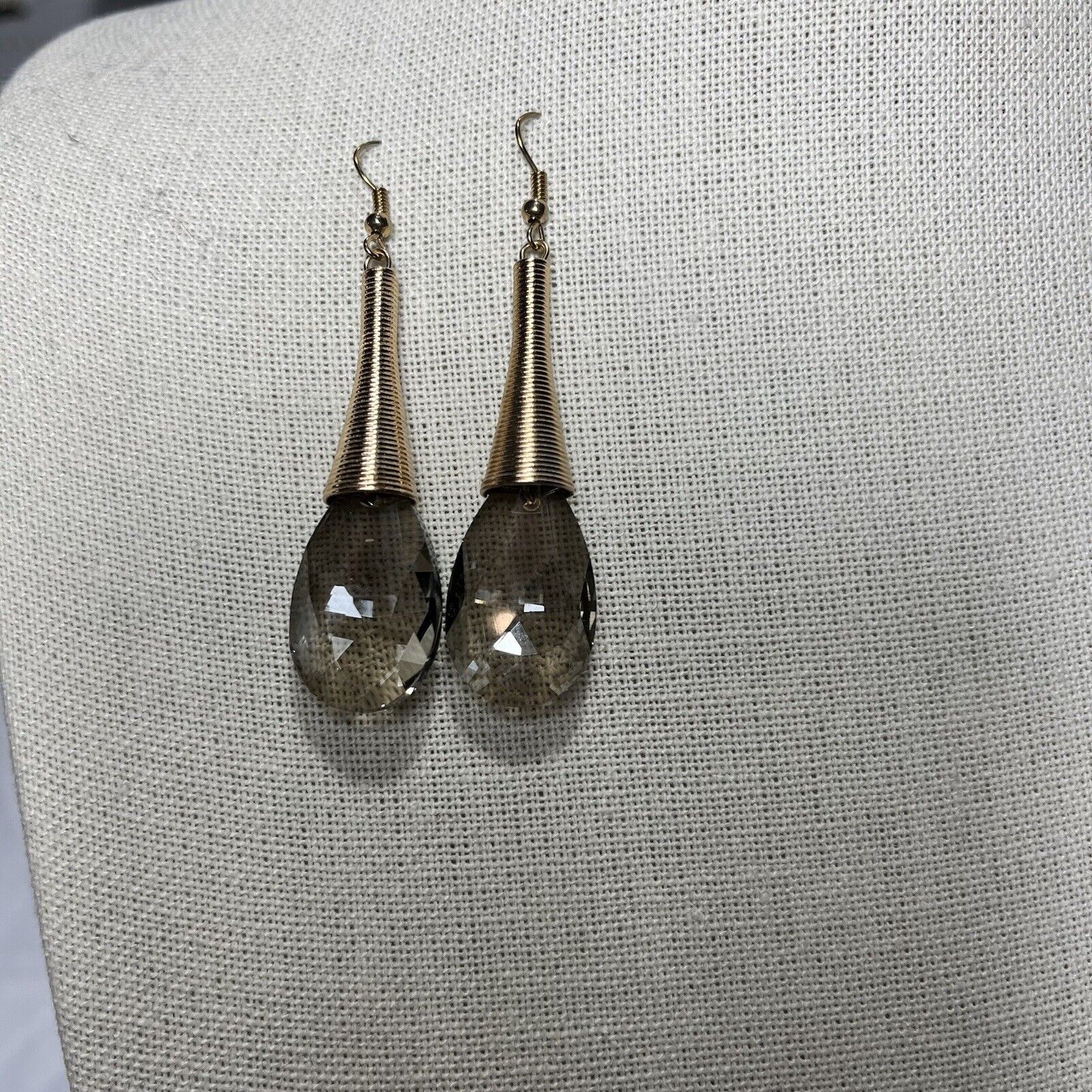 1-Pair Smoky Quarts Stone Gold Wire Wrapped Tear Drop Earrings Jewelry
