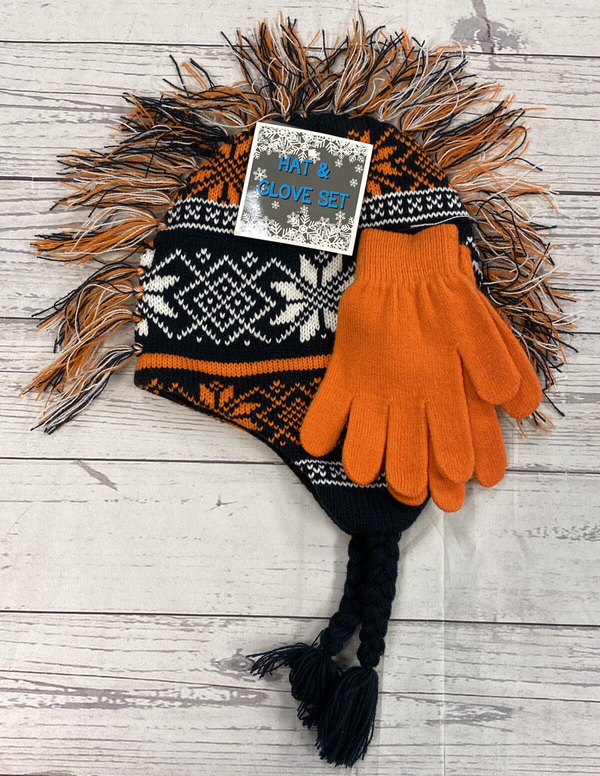 KNIT HAT AND GLOVE SET ONE SIZE  Fleece lined Black And Orange White Snowflakes