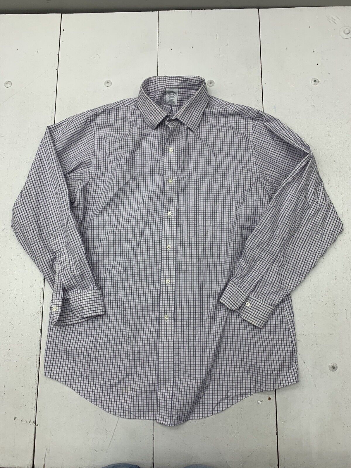 Brooks Brother Mens White Purple Check Print Long Sleeve Button Up Size Large