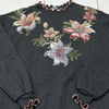Vintage Jerzees Gray Floral Graphic Ruffle Hems Sweater Women Size L USA Made