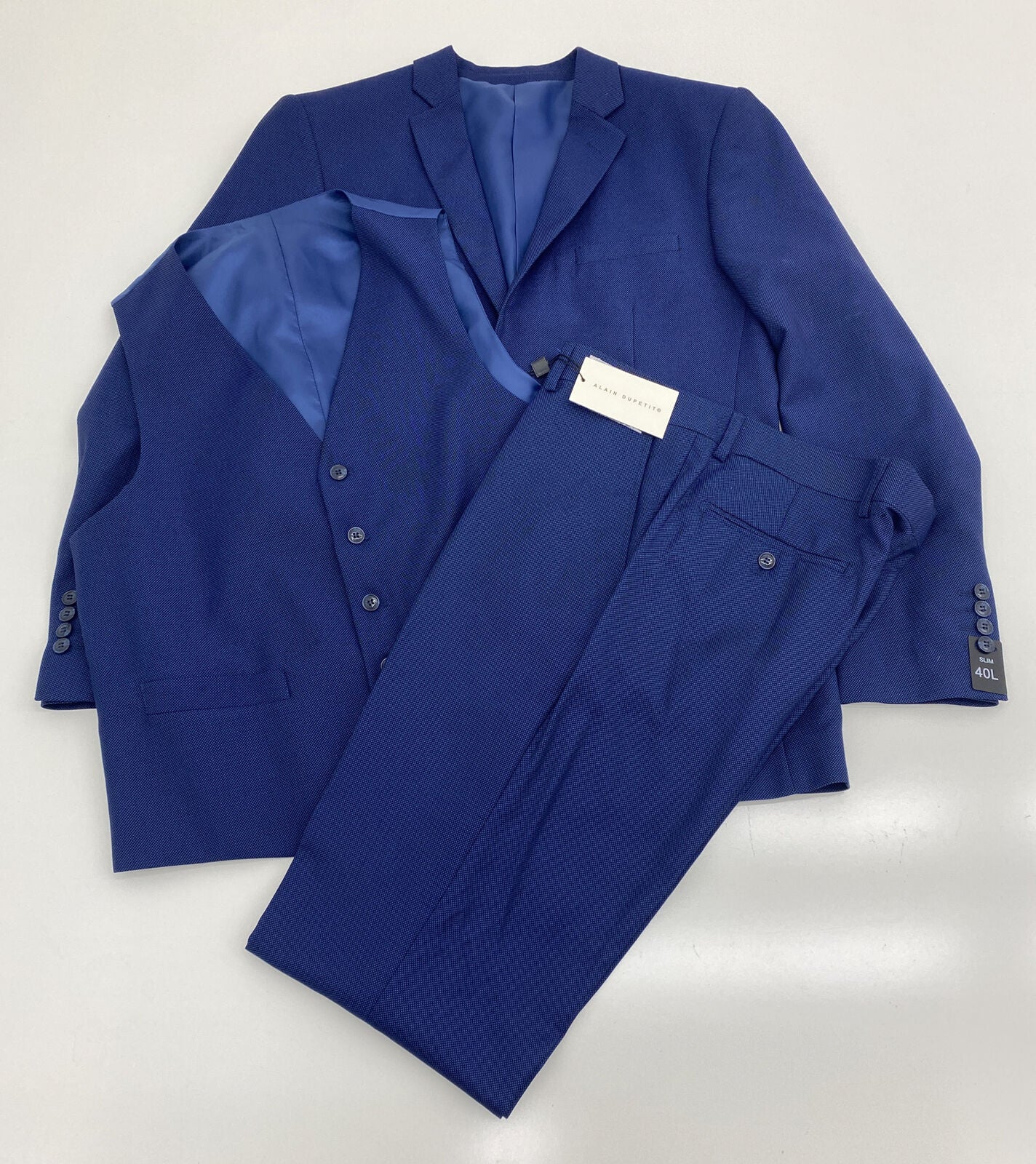 Alain Dupetit Birdseye Blue Slim 2-Button 3-Piece Suit Men’s Size 40L/34W NEW