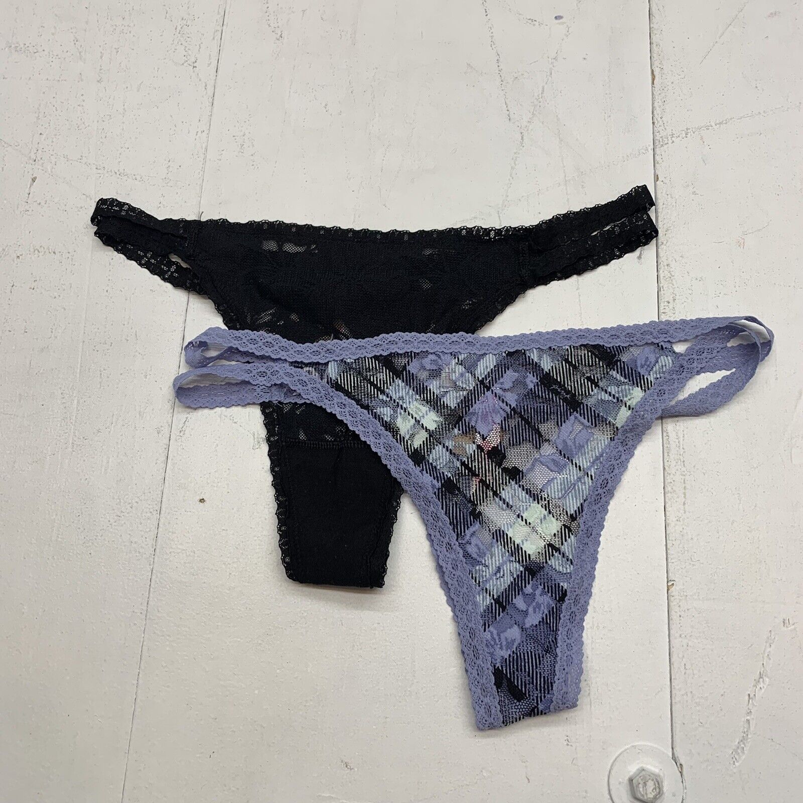 Victorias secret womens Thong panties Black And Blue Plaid Size