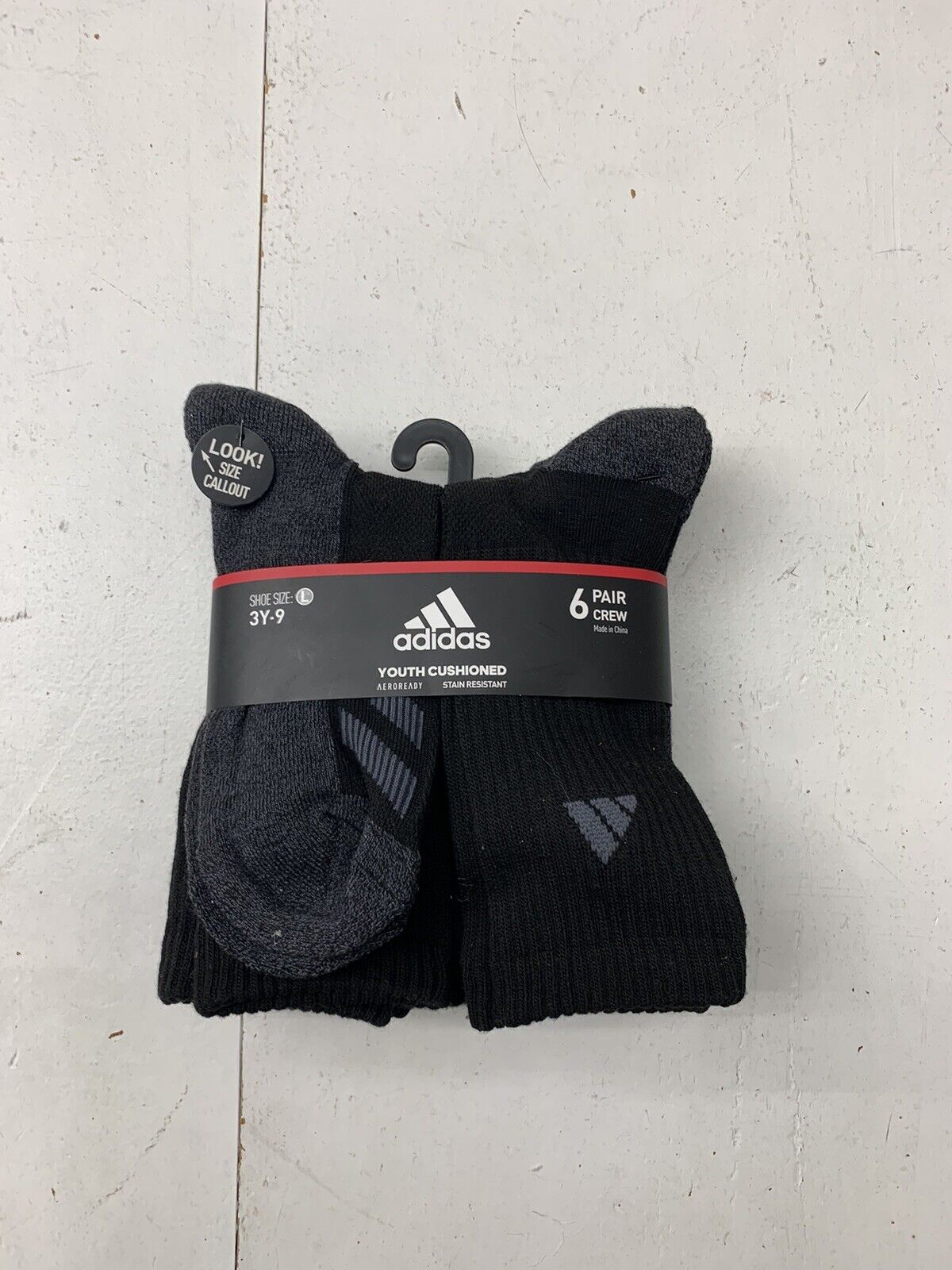 Adidas Kids 6 Pair Black Crew Socks Size 3-9