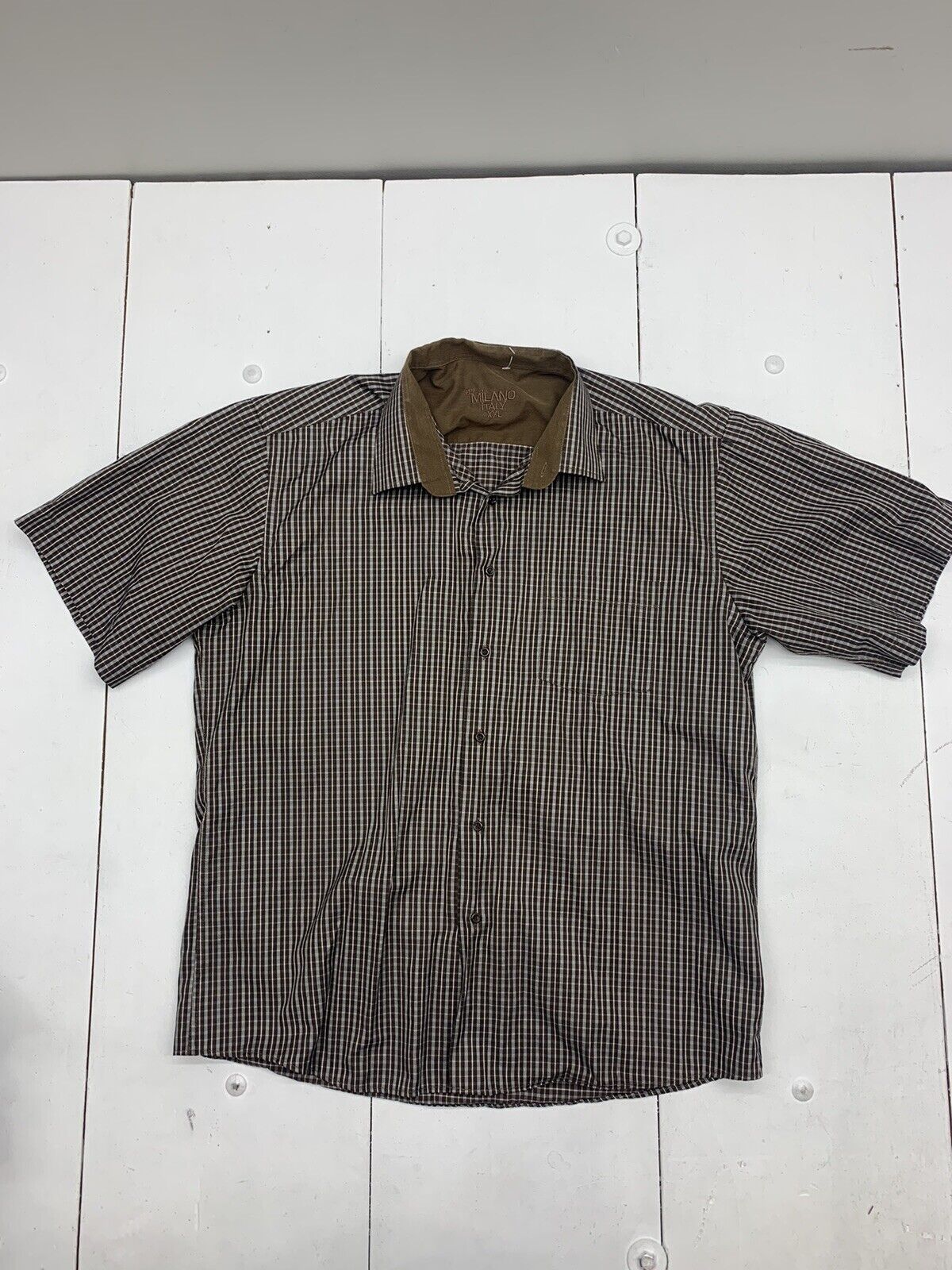 Milano Italy Mens Brown Check Short Sleeve Button Up Size XXL