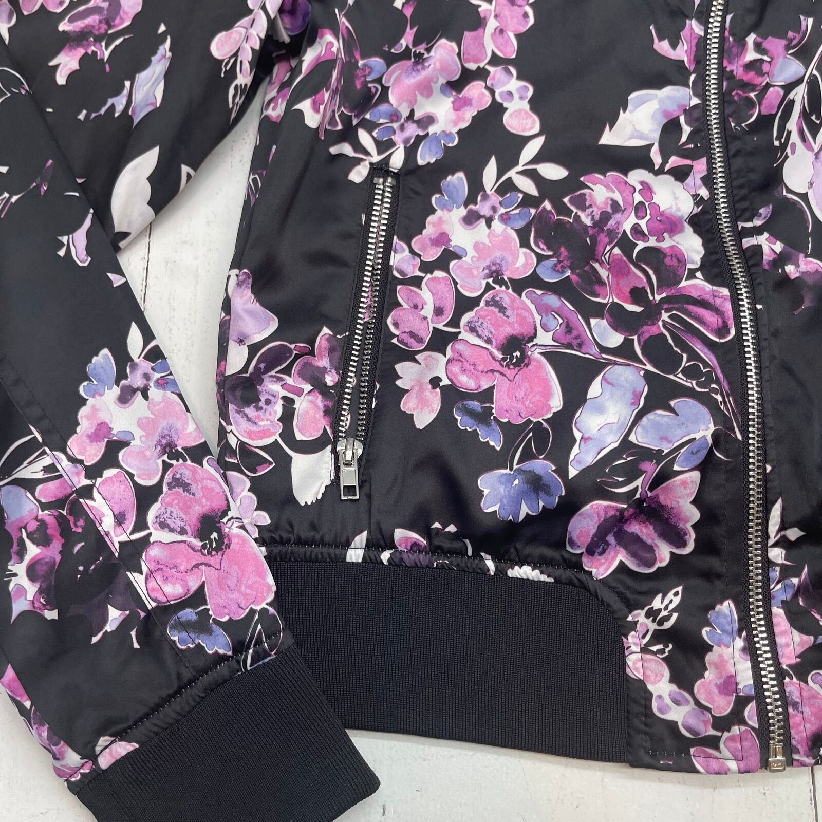 ANA A New Approach Black Floral Satin Bomber Jacket Women's Size