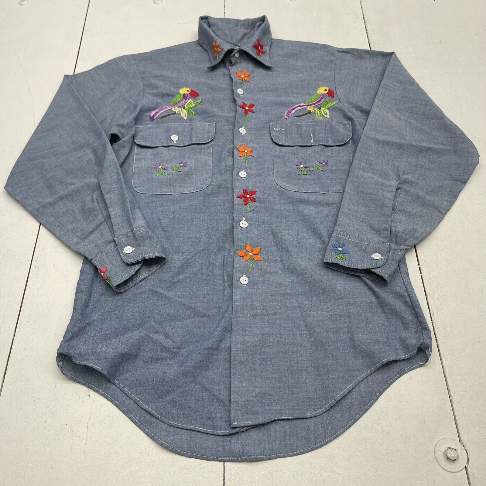 Big Mac No Iron Blue Floral Palm Tree Embroidered Long Sleeve Button Up Medium