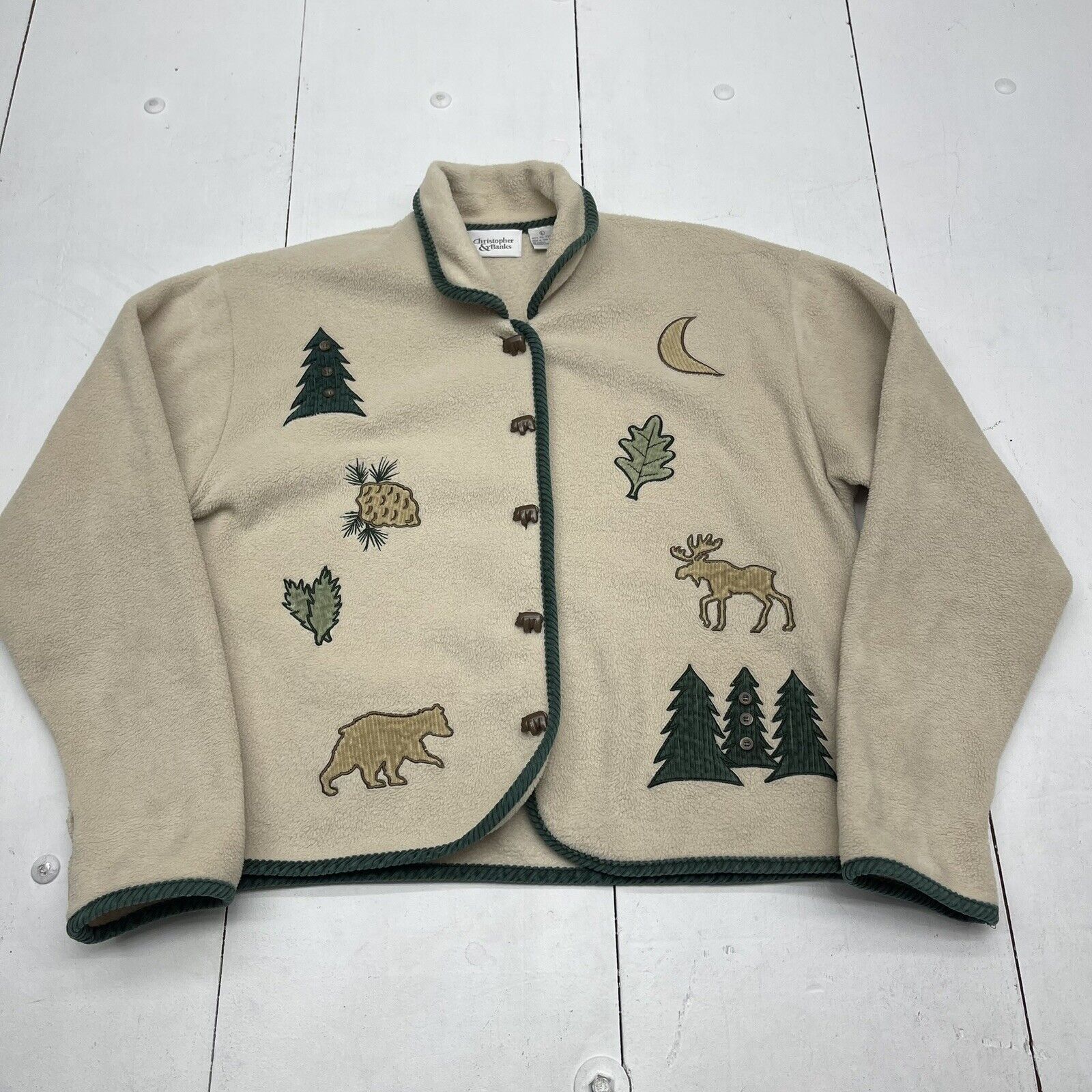 Vintage Christopher & Banks Fleece Moose Bear Button Front Sweater Women’s L