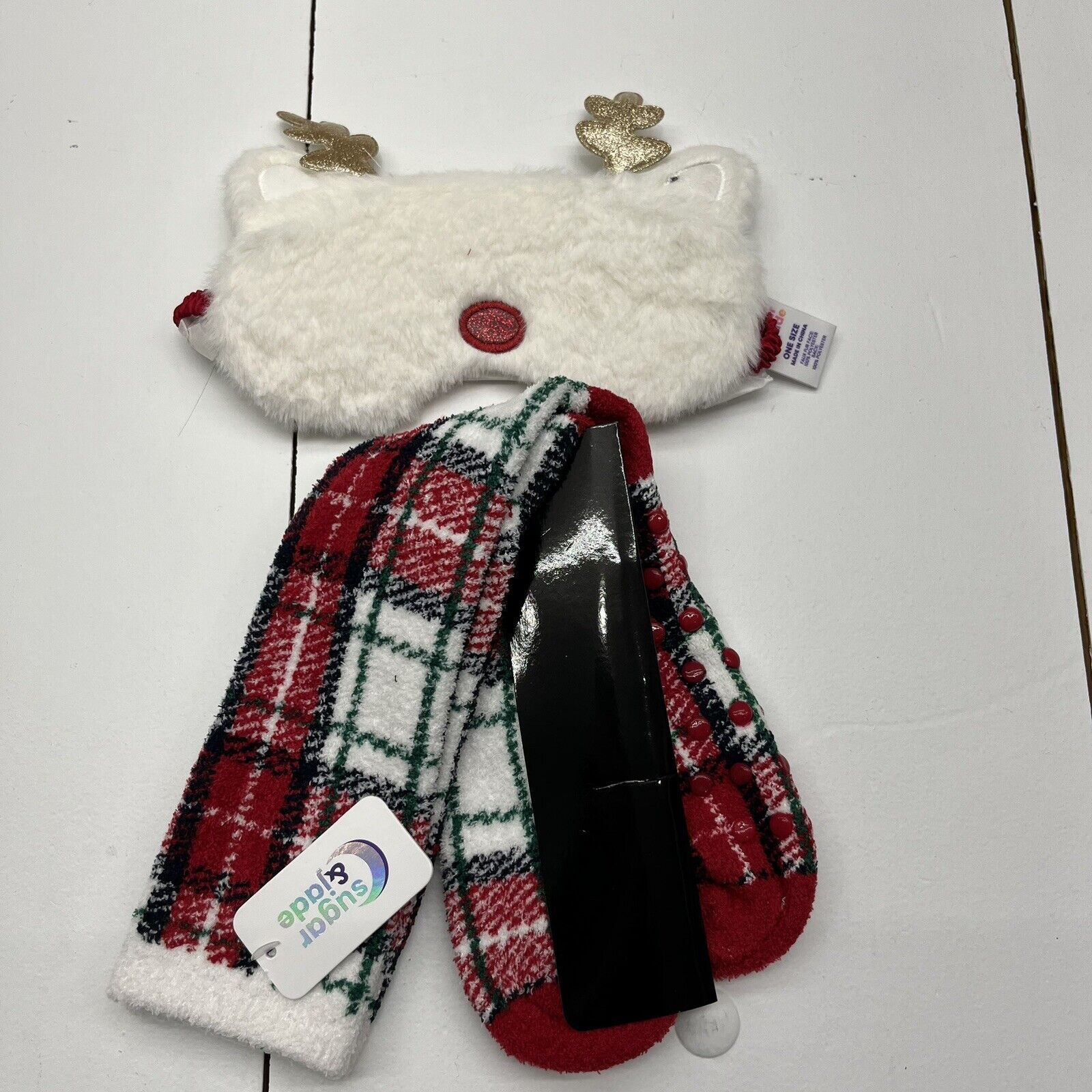 Sugar & Jade Red Plaid Bunny's Tail Mask And Cozy Socks Set Girls One Size NEW