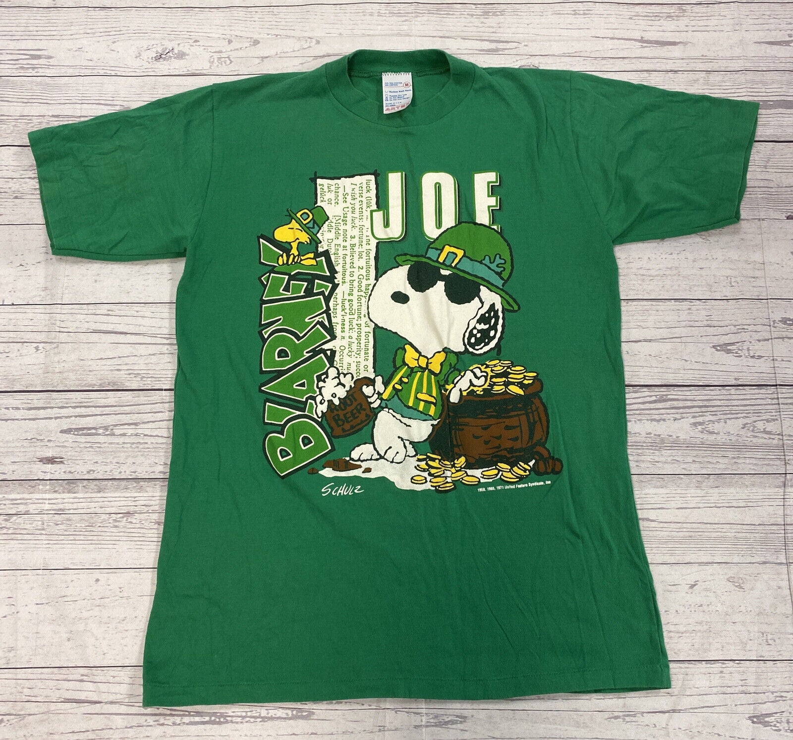 Vintage Schulz Joe Blarney Snoopy & Woodstock Green Single Stitch Shirt Size M