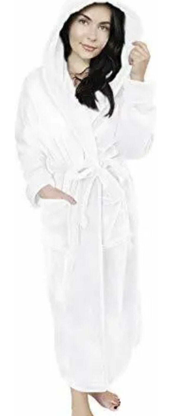 NY Threads White Fleece Hooded Bathrobe - Plush Long Robe Women’s Size  Medium