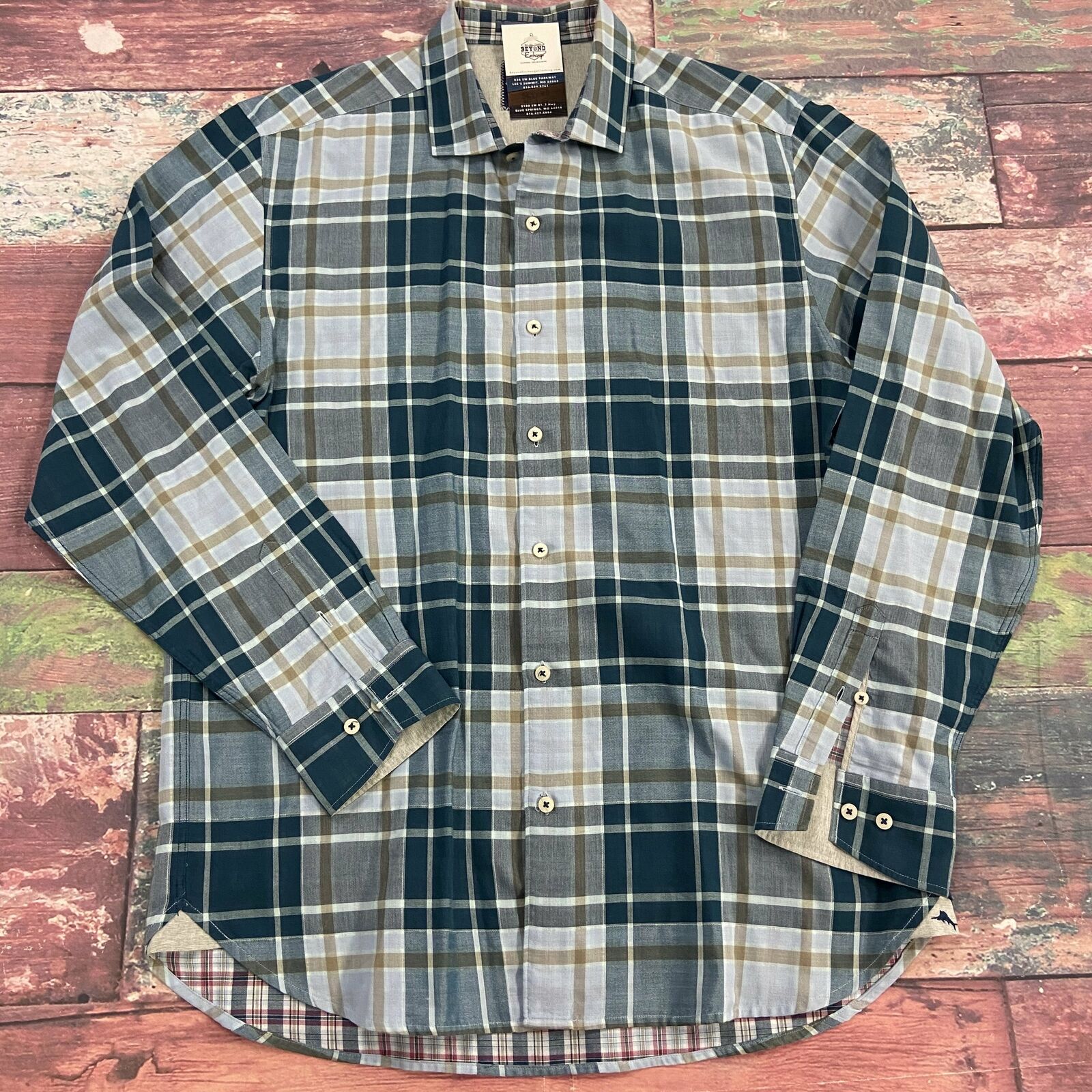 Tommy Bahama Blue Green Plaid Long Sleeve Button Up Shirt Men Size Large *
