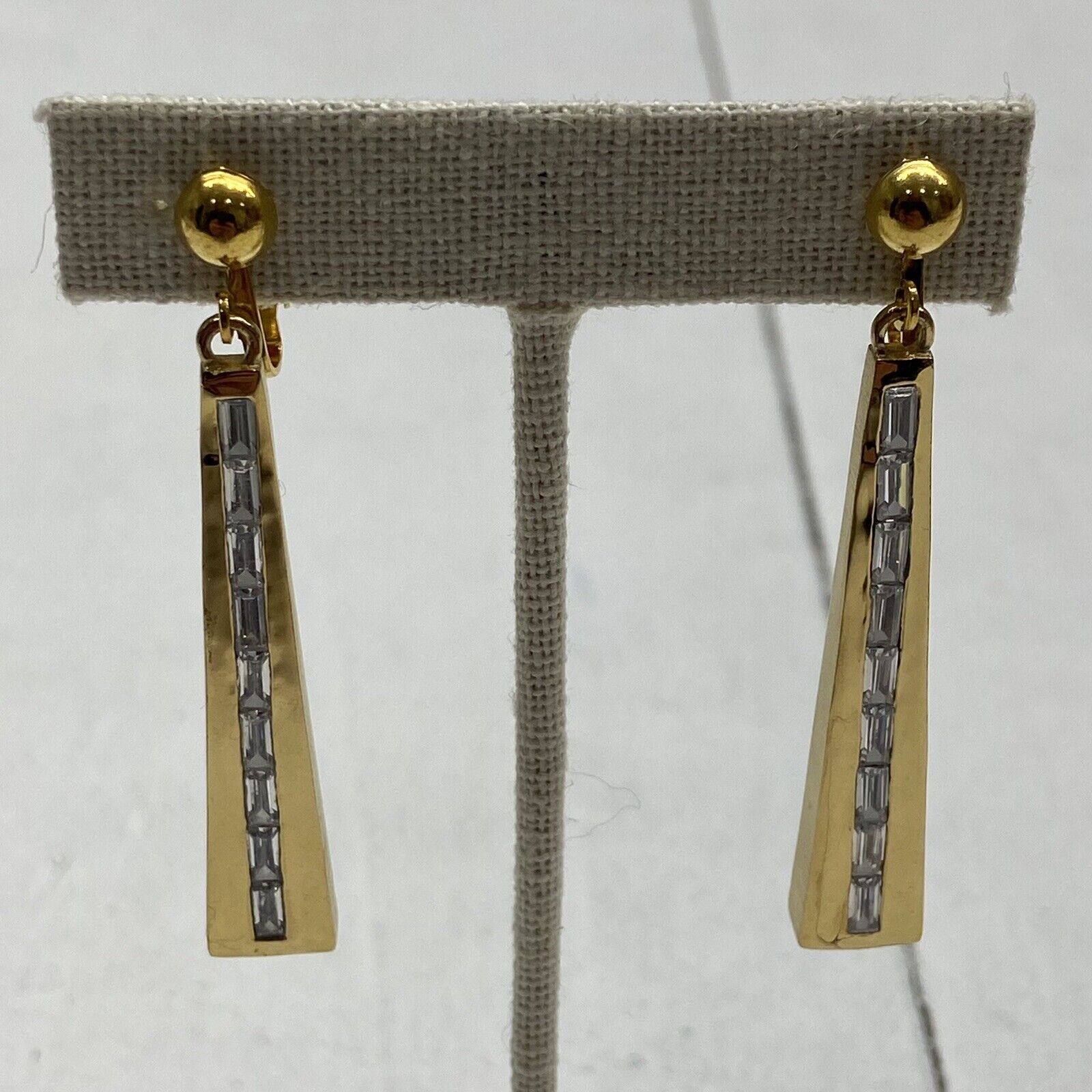 Gold Tone and Crystal Dangle Geometric Clip On Earrings