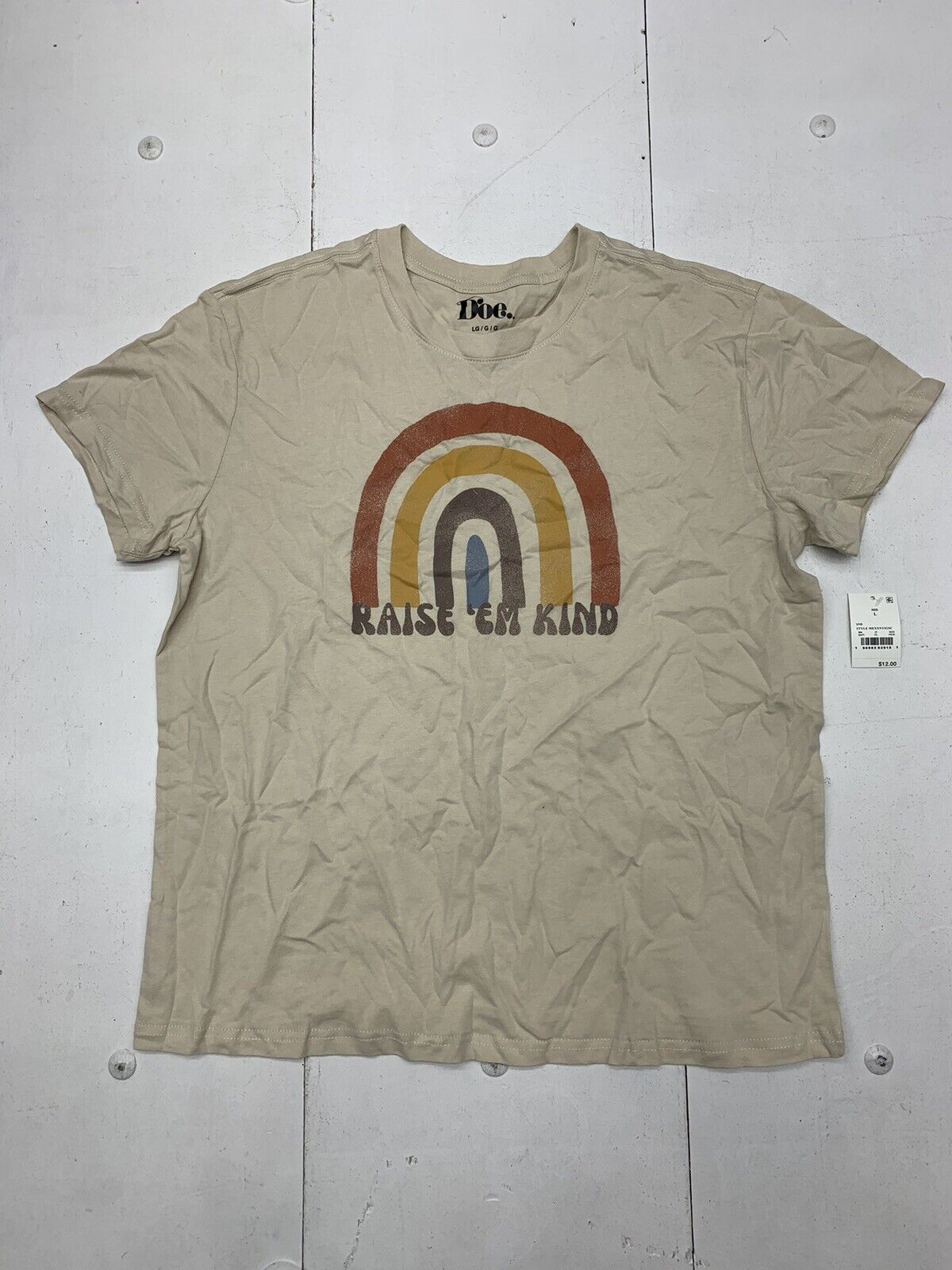 Doe Womens Tan Rainbow Graphic Short Sleeve Shirt Size Large