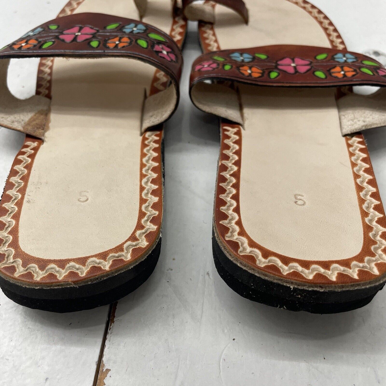 Handcrafted Brown Leather Sandals Multicolor Floral Junior Size 5 Wome -  beyond exchange