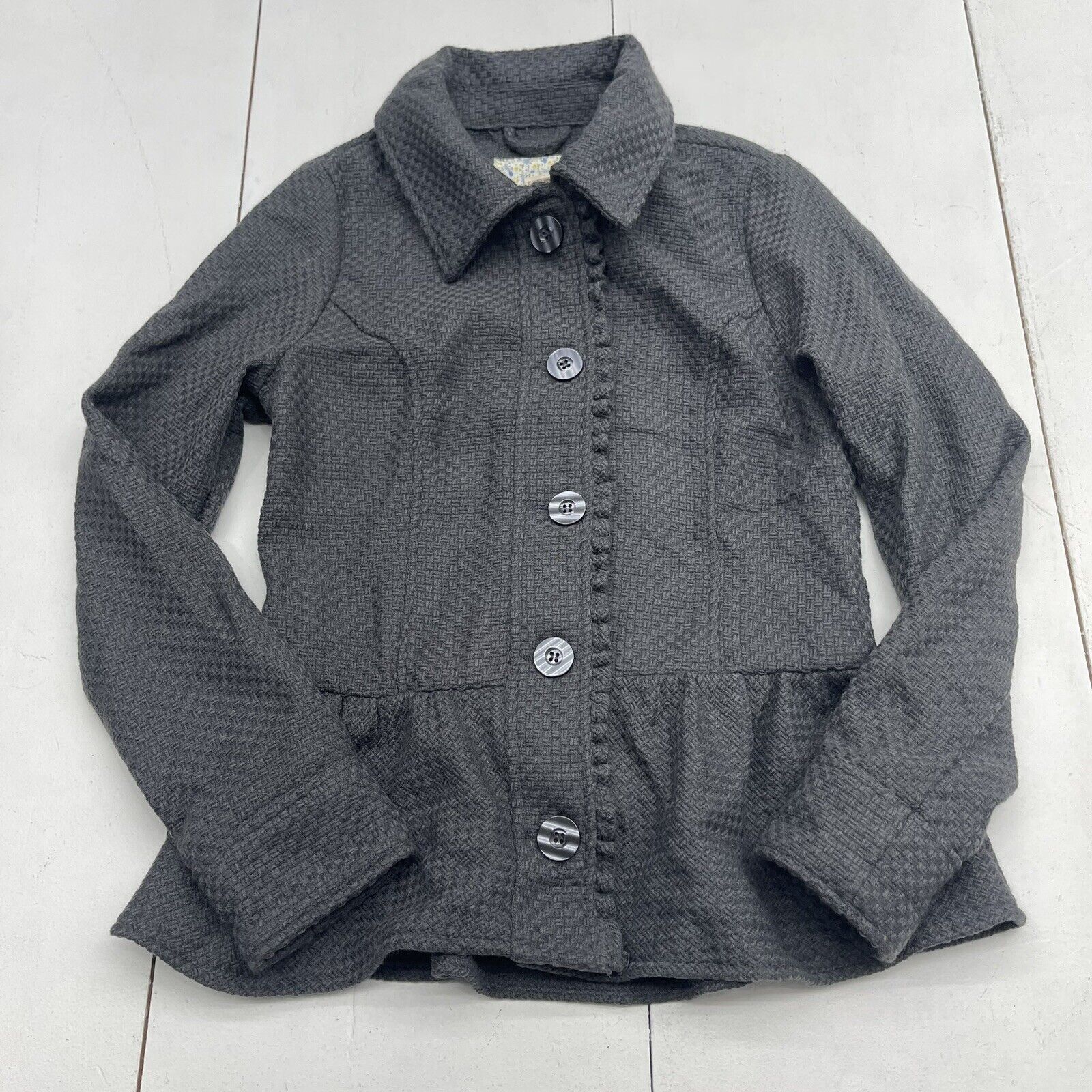 Decree Grey Knit Ruffle Button Up Blazer Jacket Women’s Size Medium New