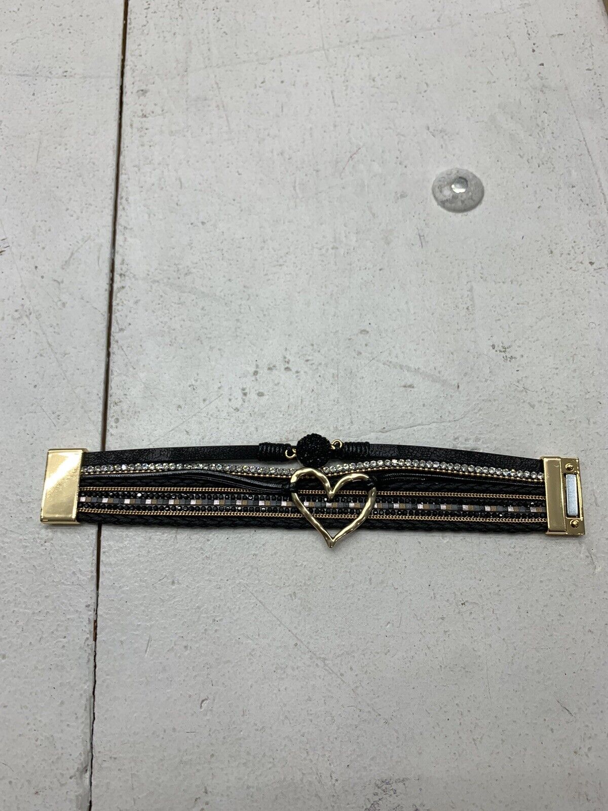 Womens Black Faux Leather & Goldstone Heart Layered Bracelet One Size