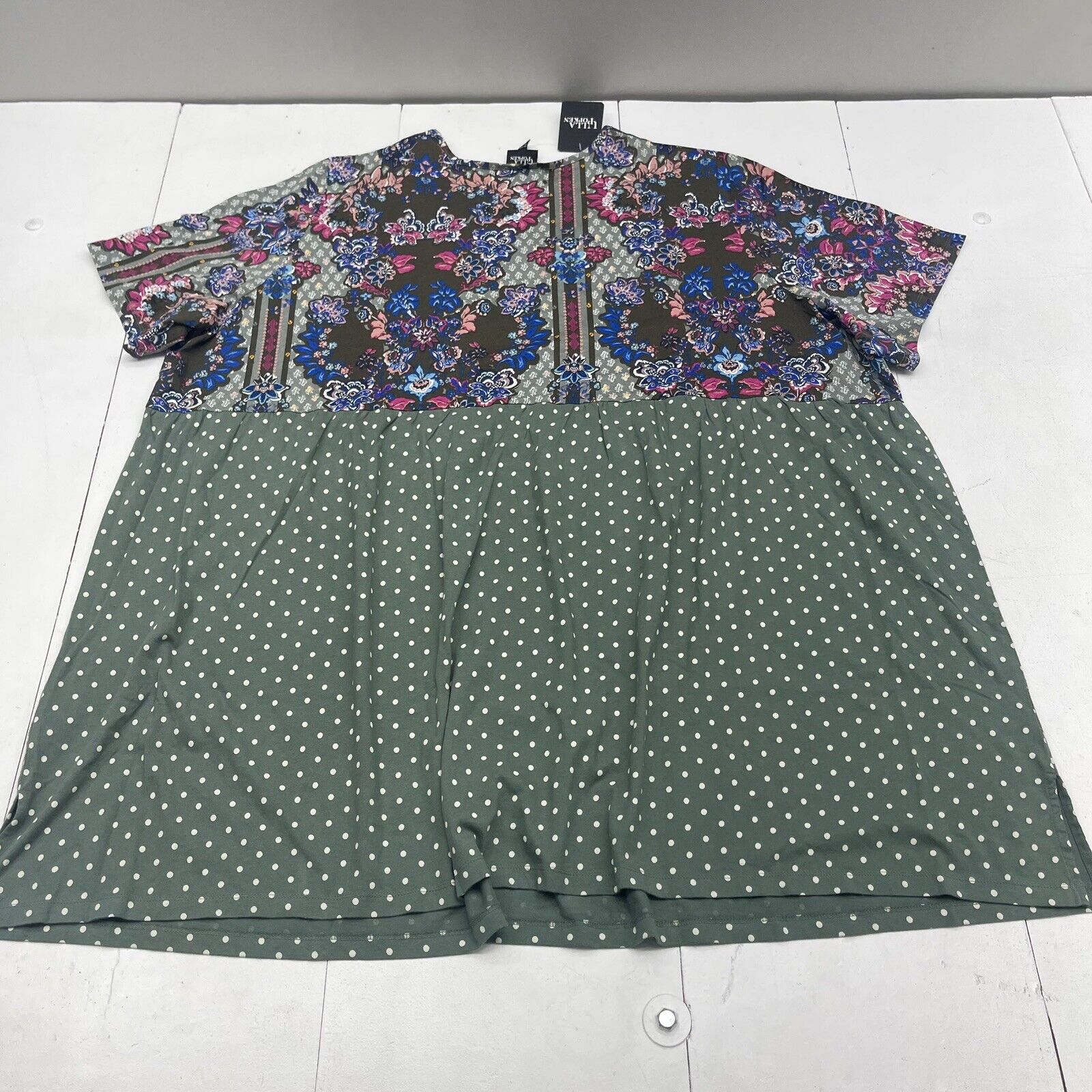 Ulla Popken Green Mixed Print Knit Cotton Tunic Women's Plus Size