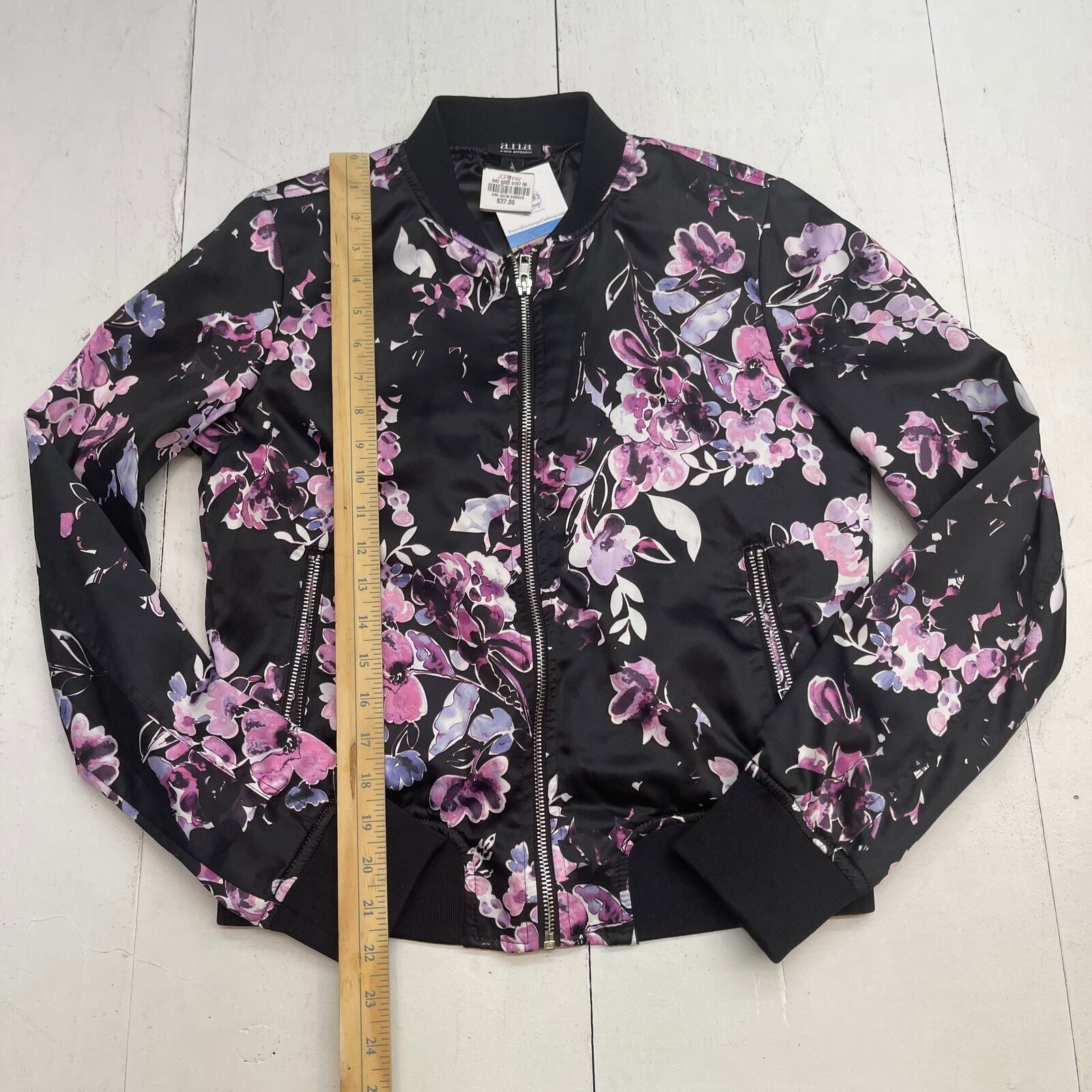 ANA A New Approach Black Floral Satin Bomber Jacket Women's Size