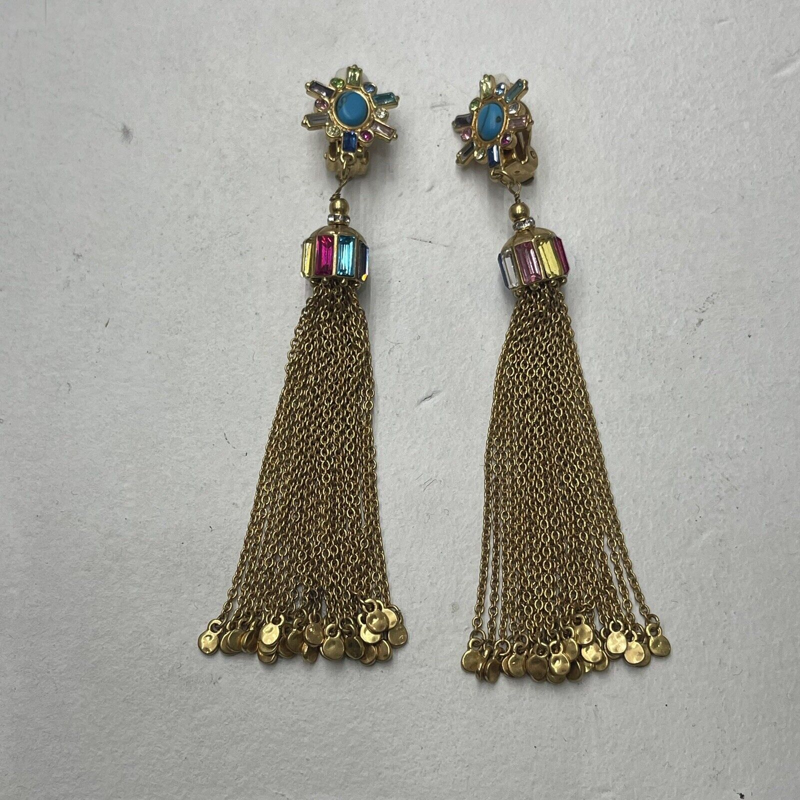 Gold Tassel Crystal Dangle Drop Clip On Earrings