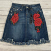 Grace Blue Denim Jean Skirt Red Embroidered Roses Woman’s Size S NEW