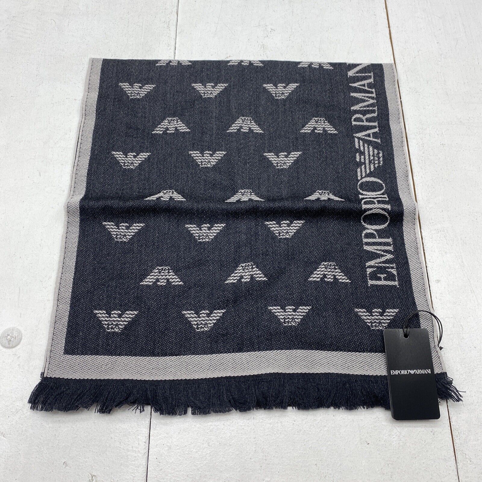 EMPORIO ARMANI All-Over Eagle Embroidered Wool Scarf Anthracite Grey New