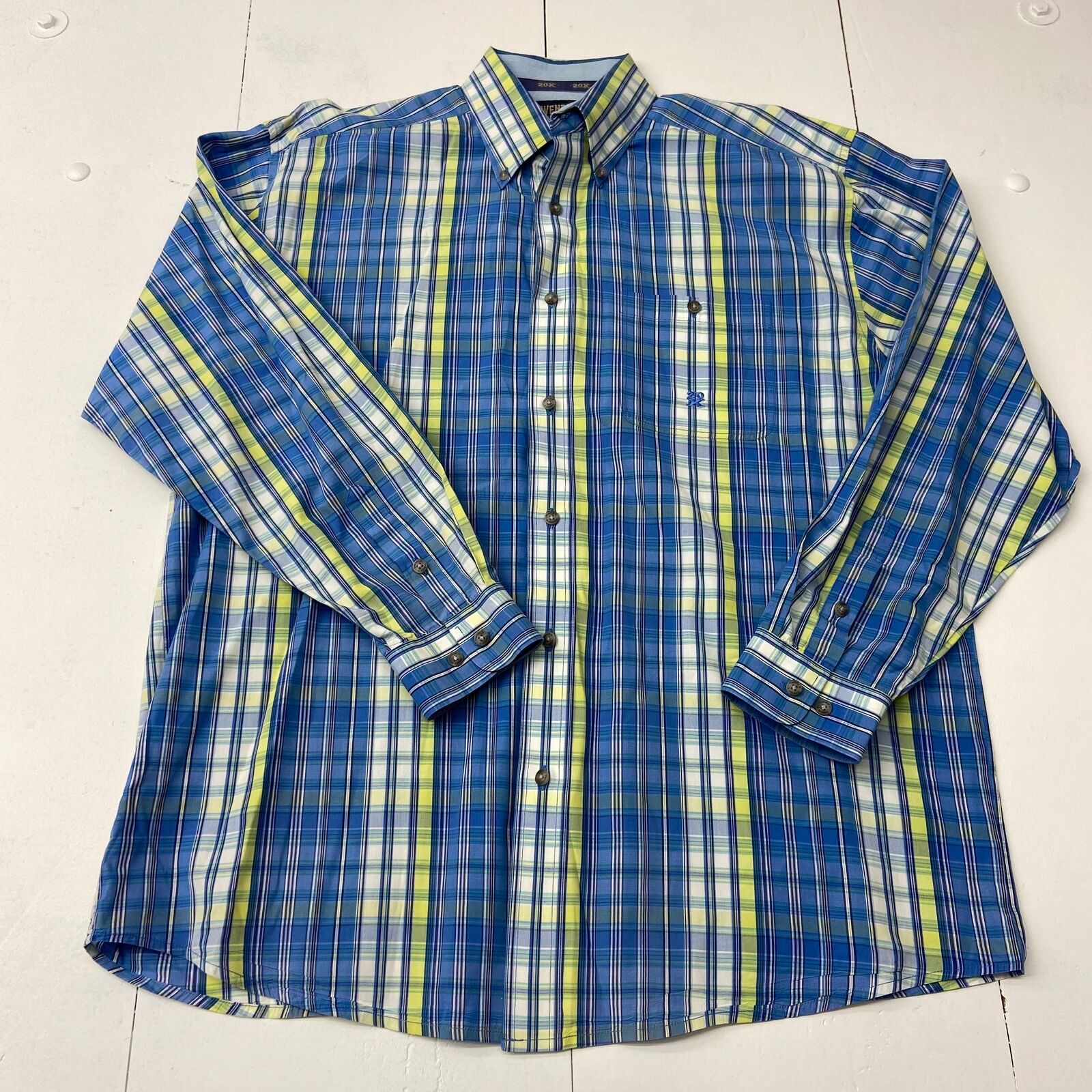 Wrangler Twenty X Blue Yellow Plaid Long Sleeve Button Up Cowboy Shirt Men Size
