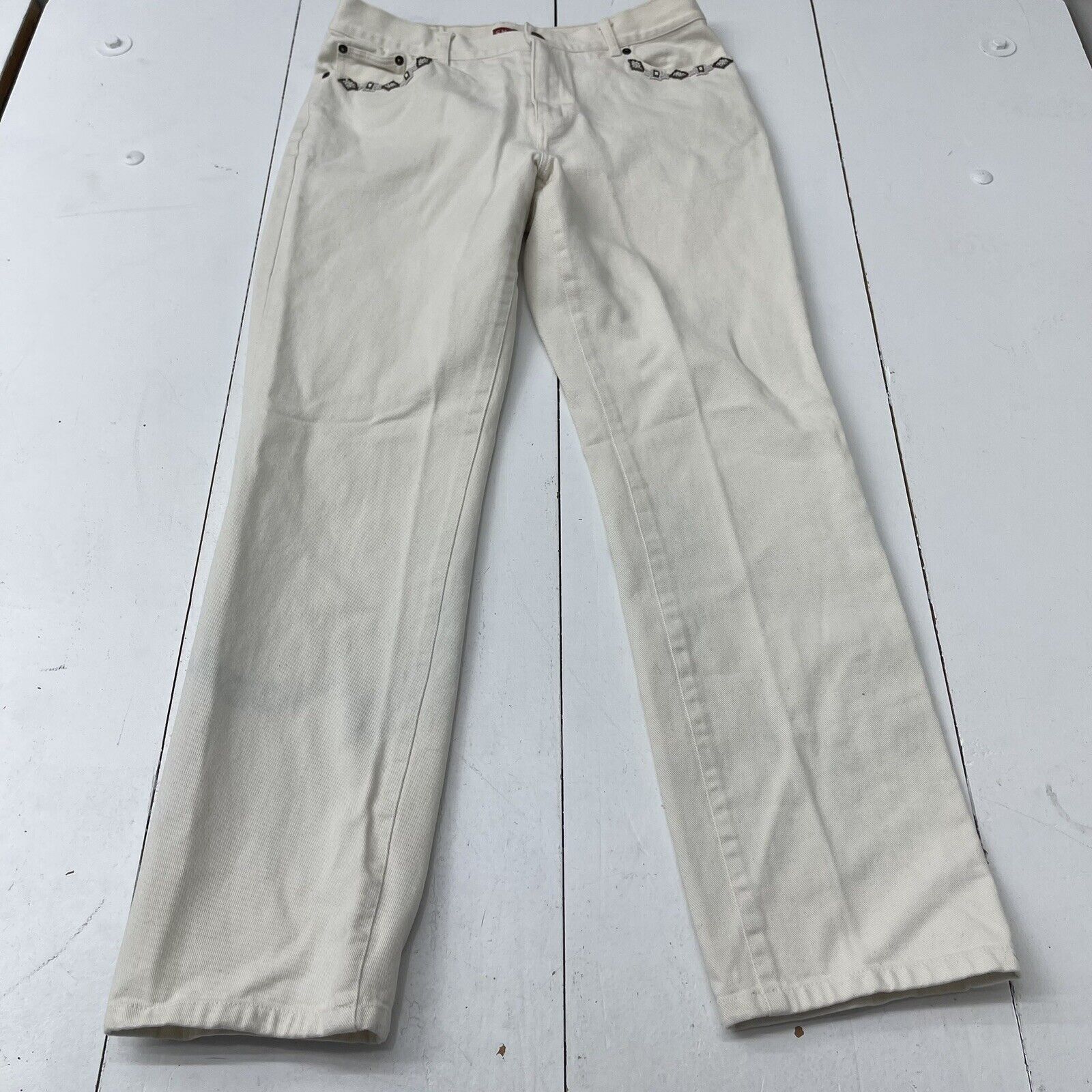 Vintage Chaps White Denim Beaded Pocket Straight Leg Jeans Women’s Size 10