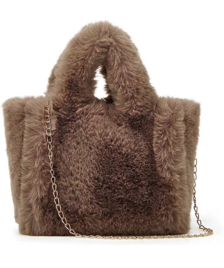 Small Coffee Crossbody Tote Bag Shoulder Bag Fleece Faux Fur Hobo Handbag New