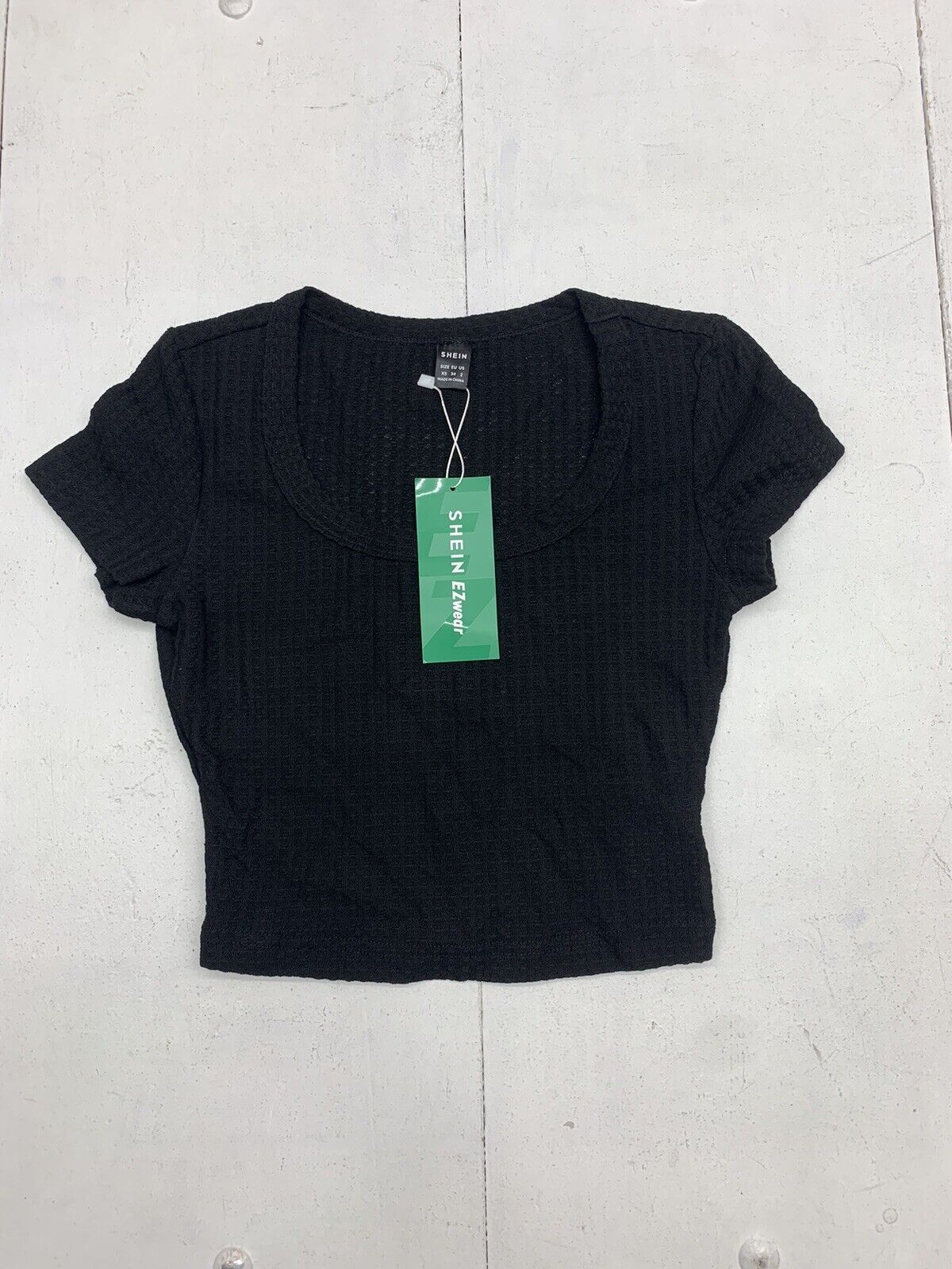 Shein Womens Black Waffle Knit Short Sleeve Shirt Size XS