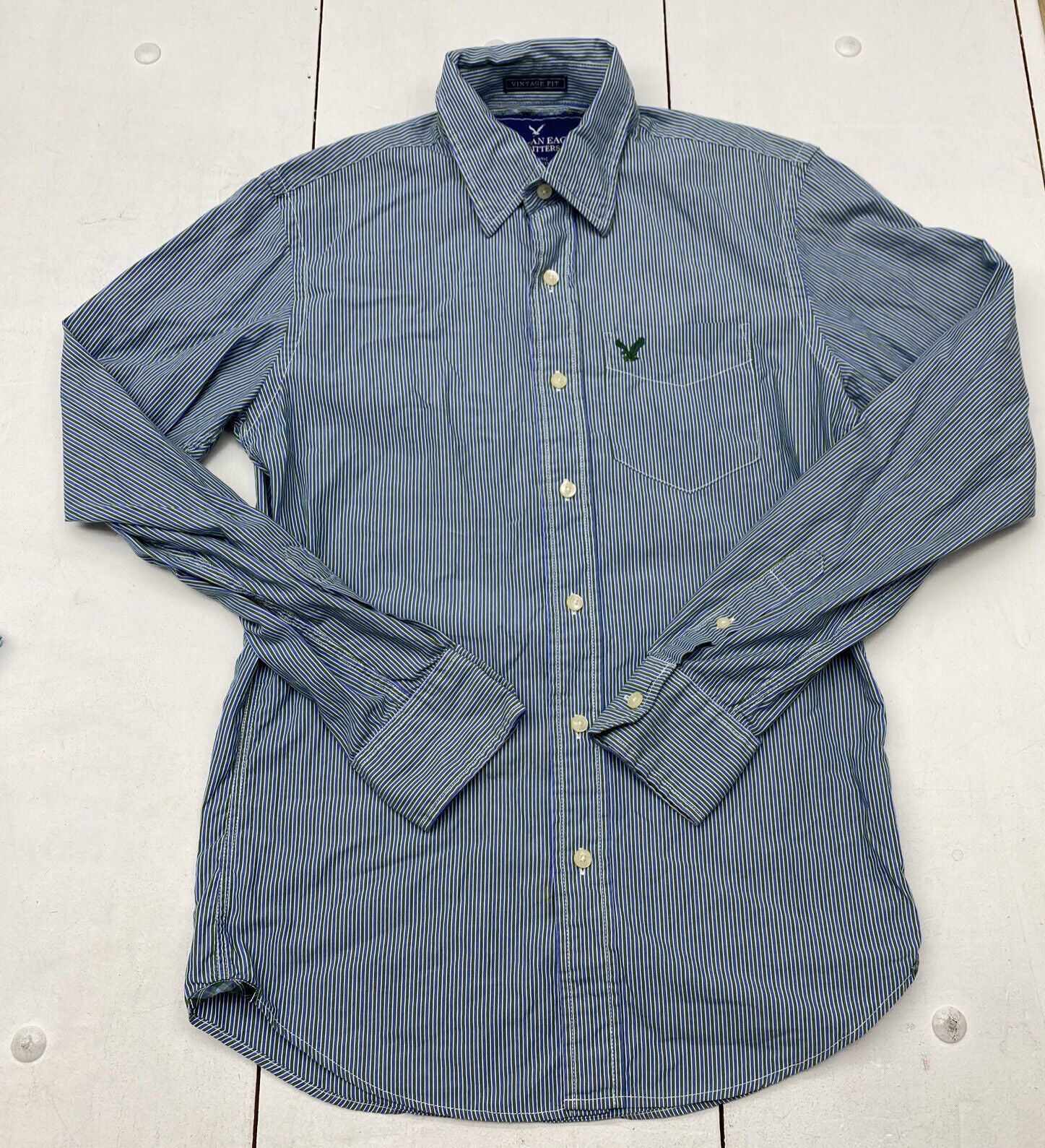 American Eagle Green/Blue Stripe Long Sleeve Button Up Shirt Men Size XSmall*