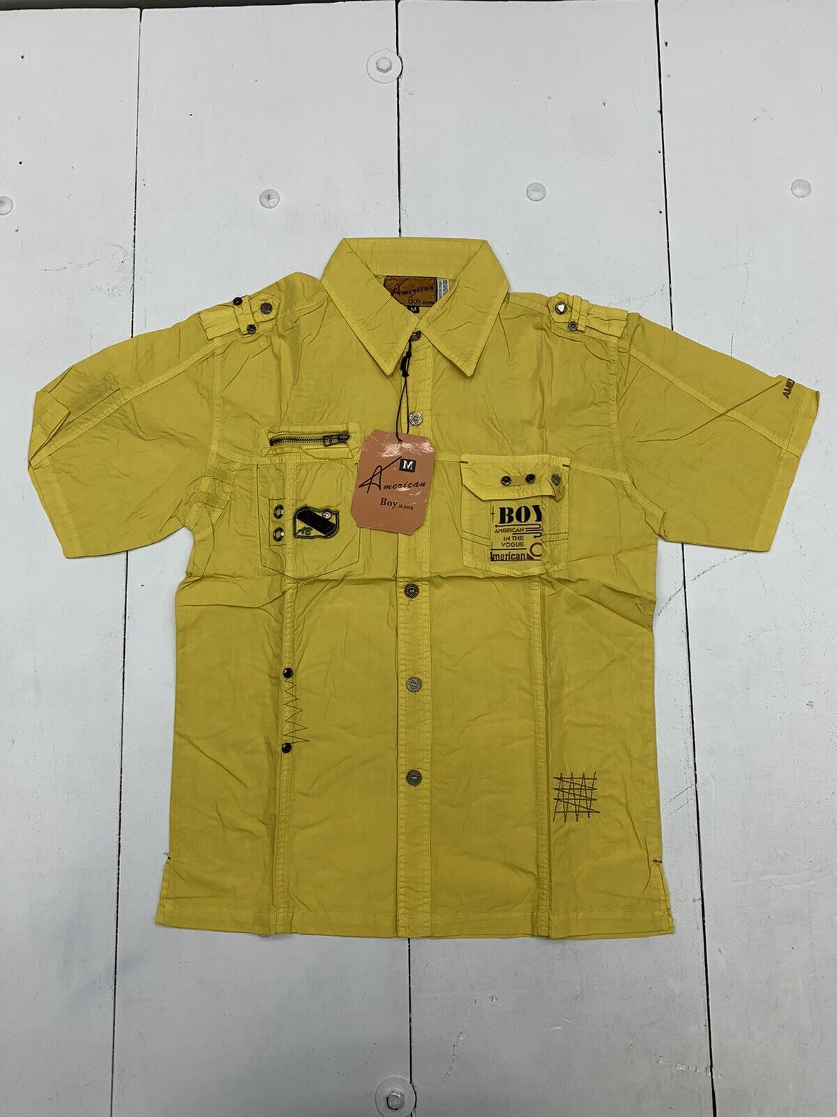 American Boy Mens Yellow Short Sleeve Button Up Shirt Size Medium