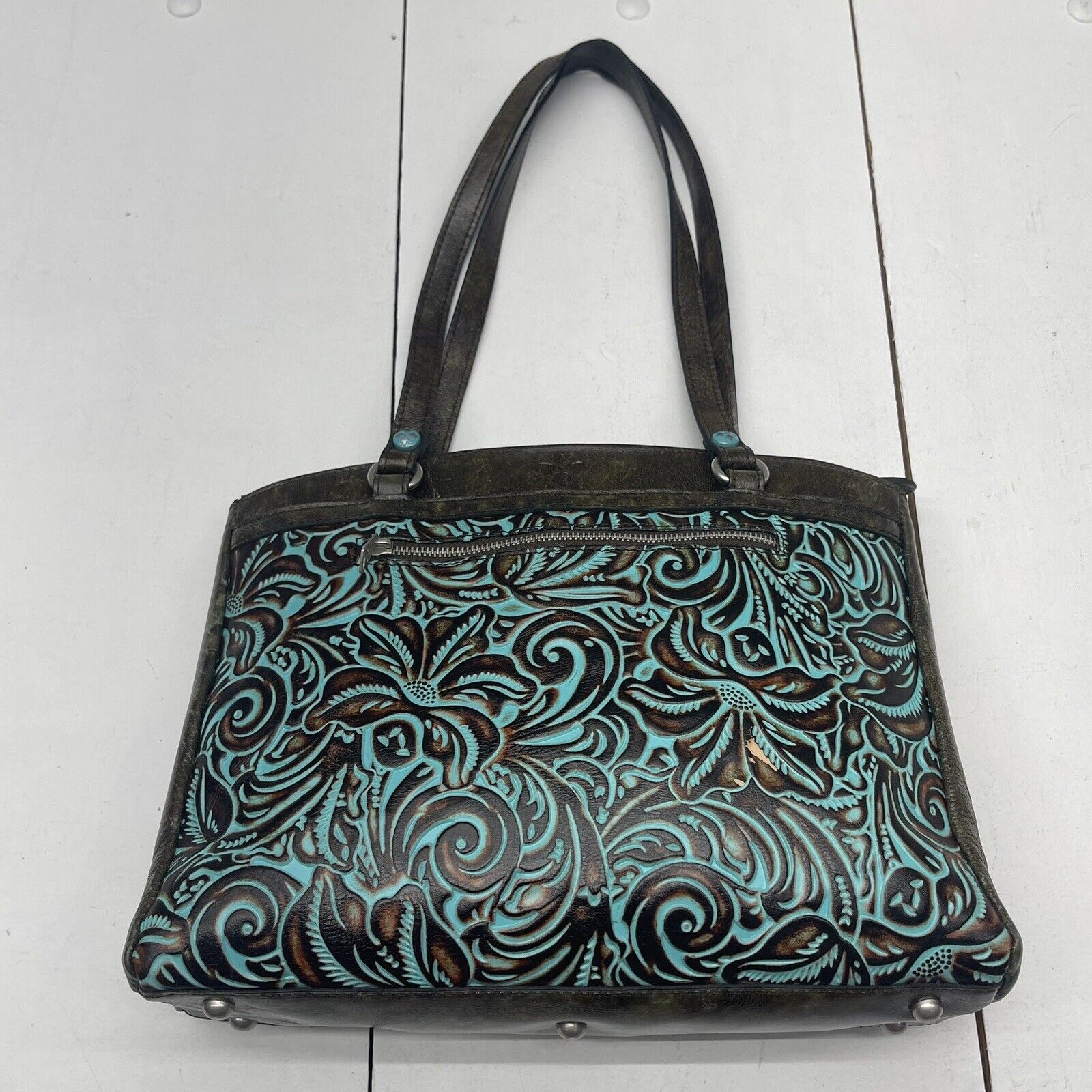 Patricia Nash Poppy Turquoise Tooled Leather Tote Purse $249