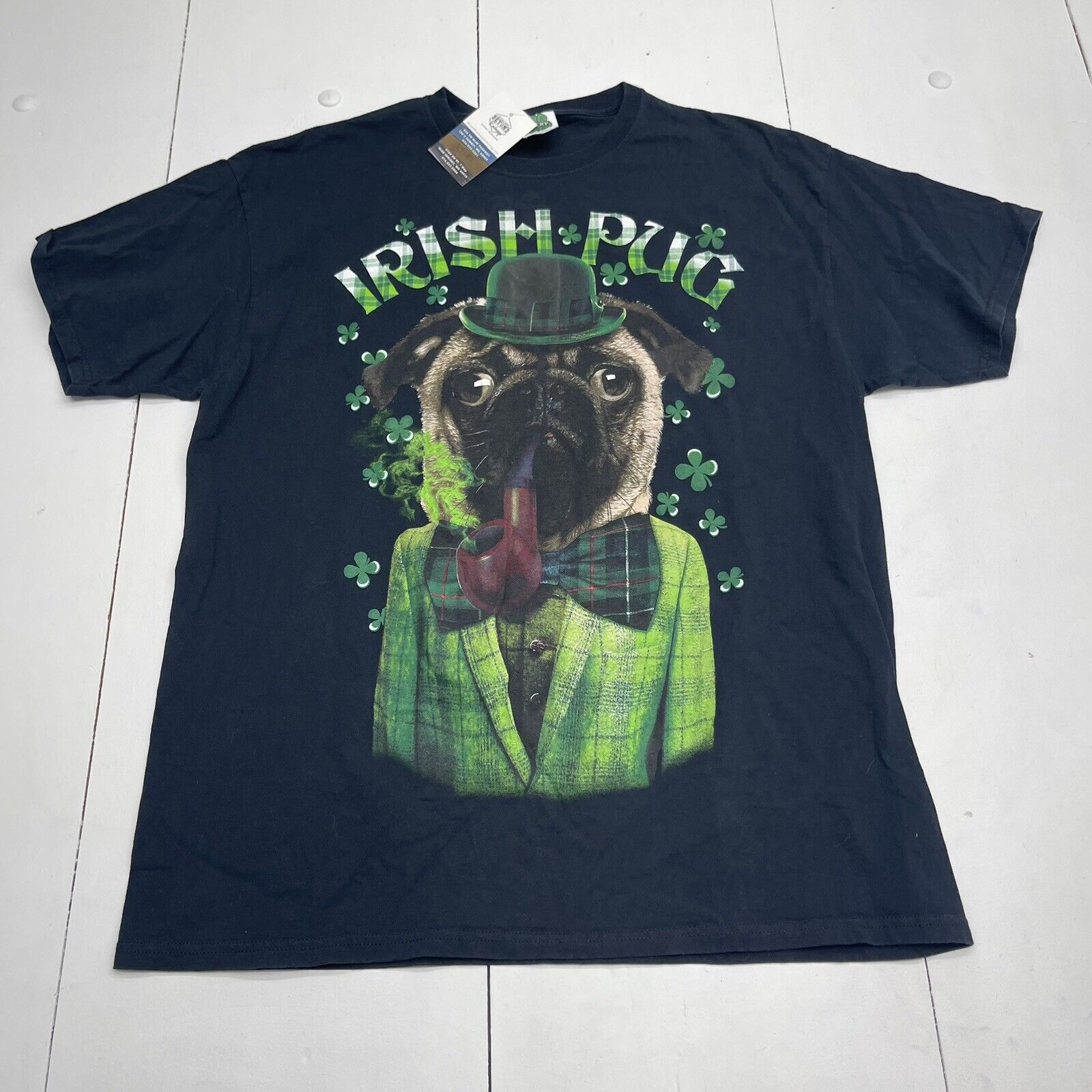 Lucky Irish Pug St. Patrick's Day Black Short Sleeve T Shirt Unisex Adult’s XL