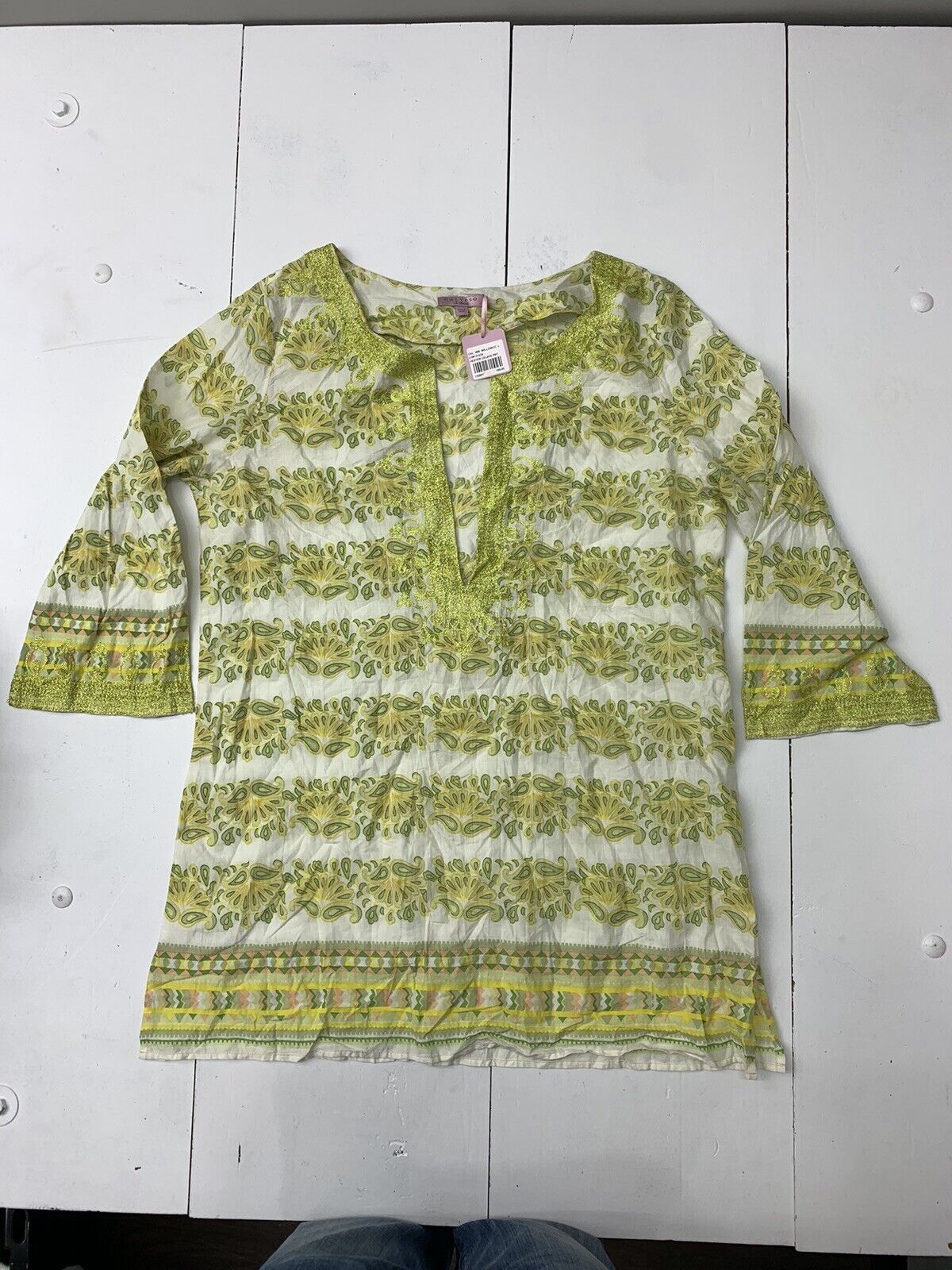 Calypso St Barth Womens White green Long Sleeve Blouse Size Large