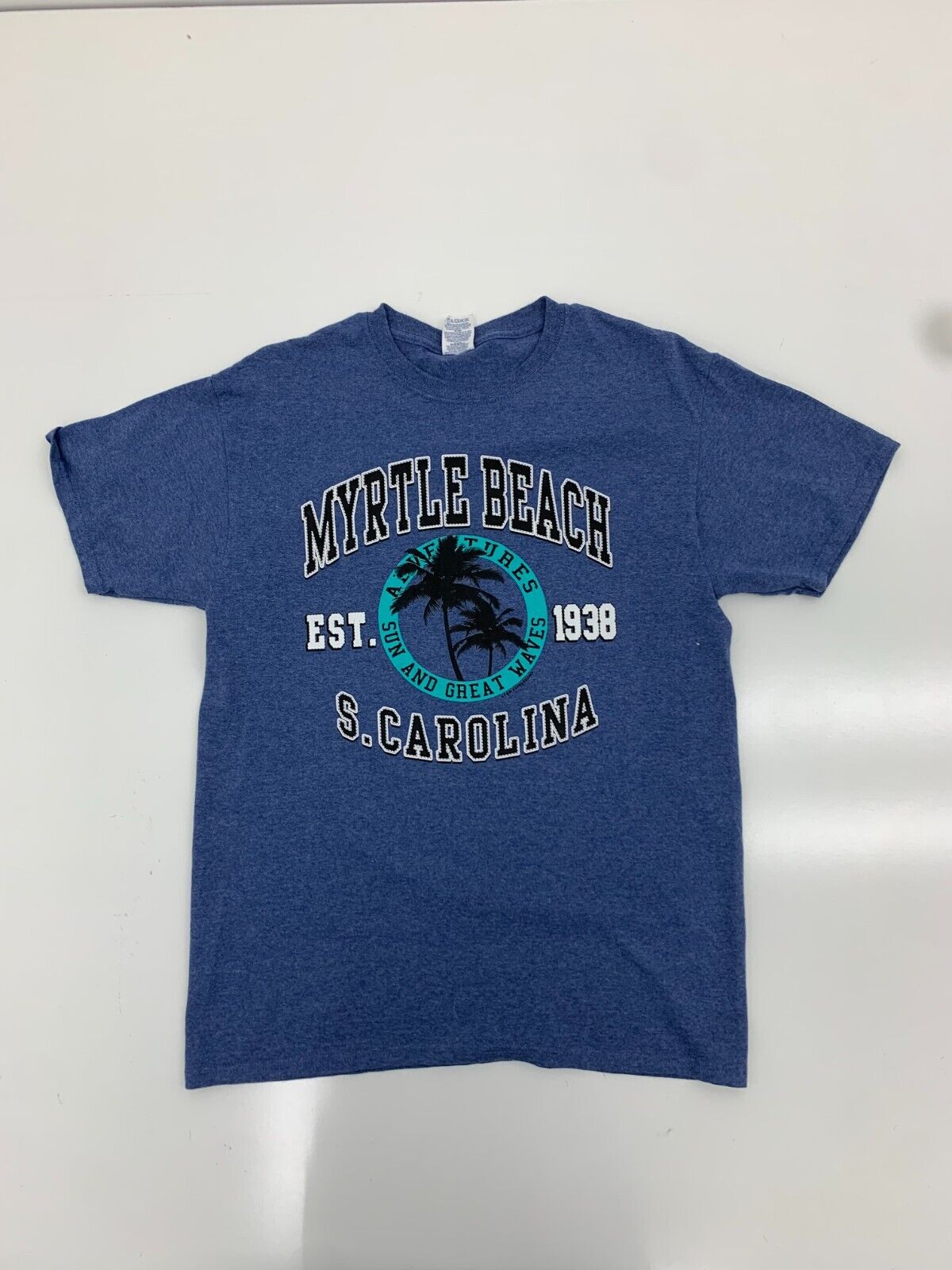 Jerzees Mens Blue Myrtle Beach South Carolina Graphic Short Sleeve Shirt Size M