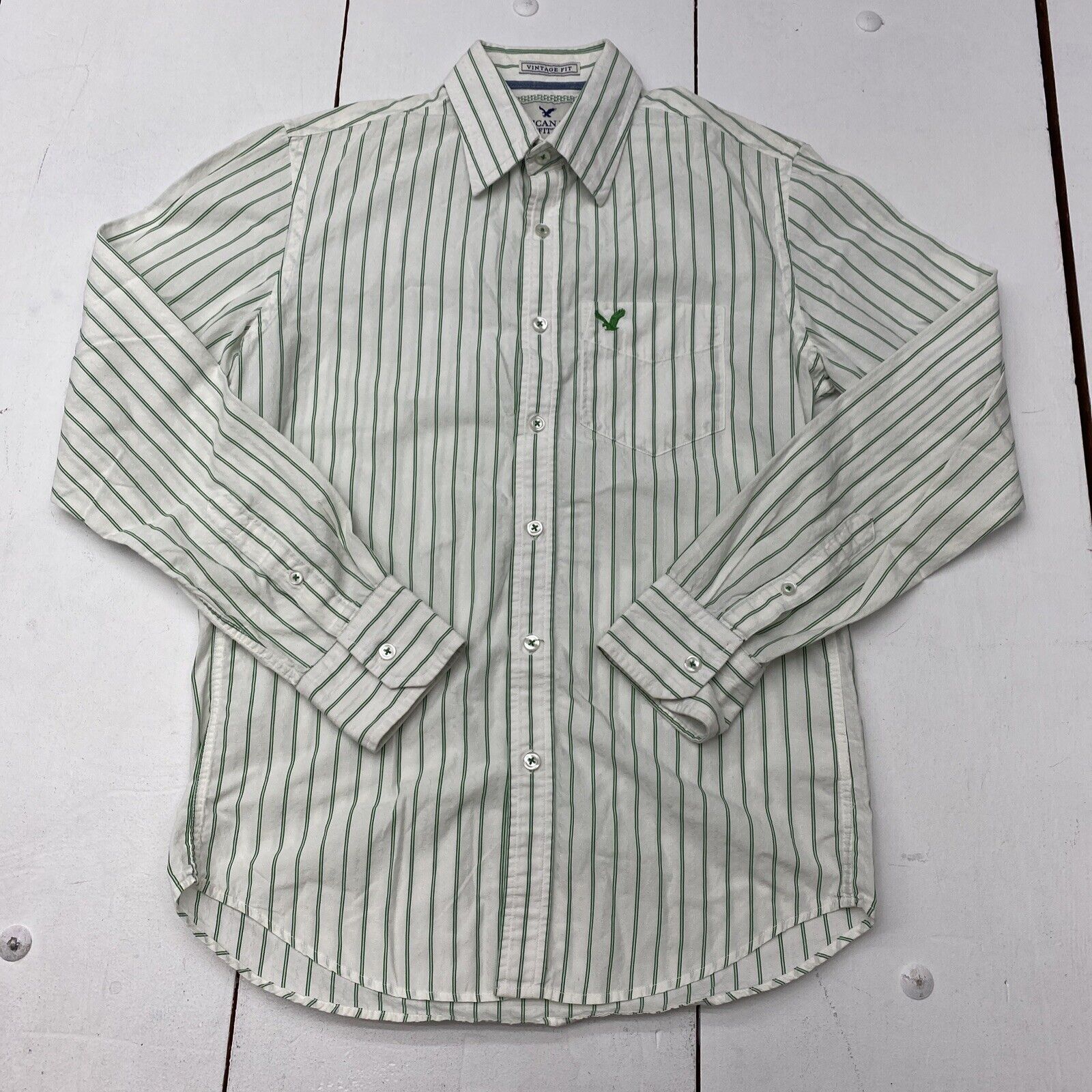 American Eagle Green/White Striped Long Sleeve Button Up Shirt Mens Size XSmall