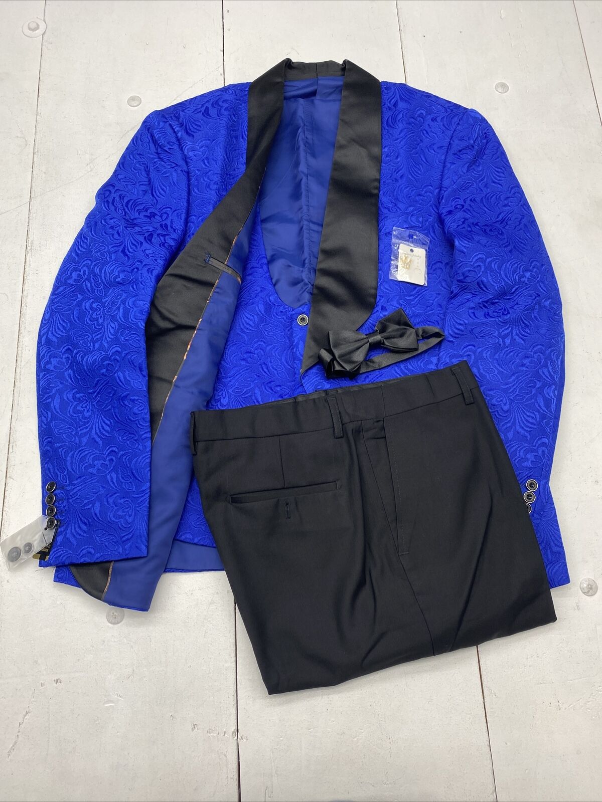 YND Blue 3 Piece Slim Fit Tuxedo Set One Button Shawl Collar Jacquard Mens XL