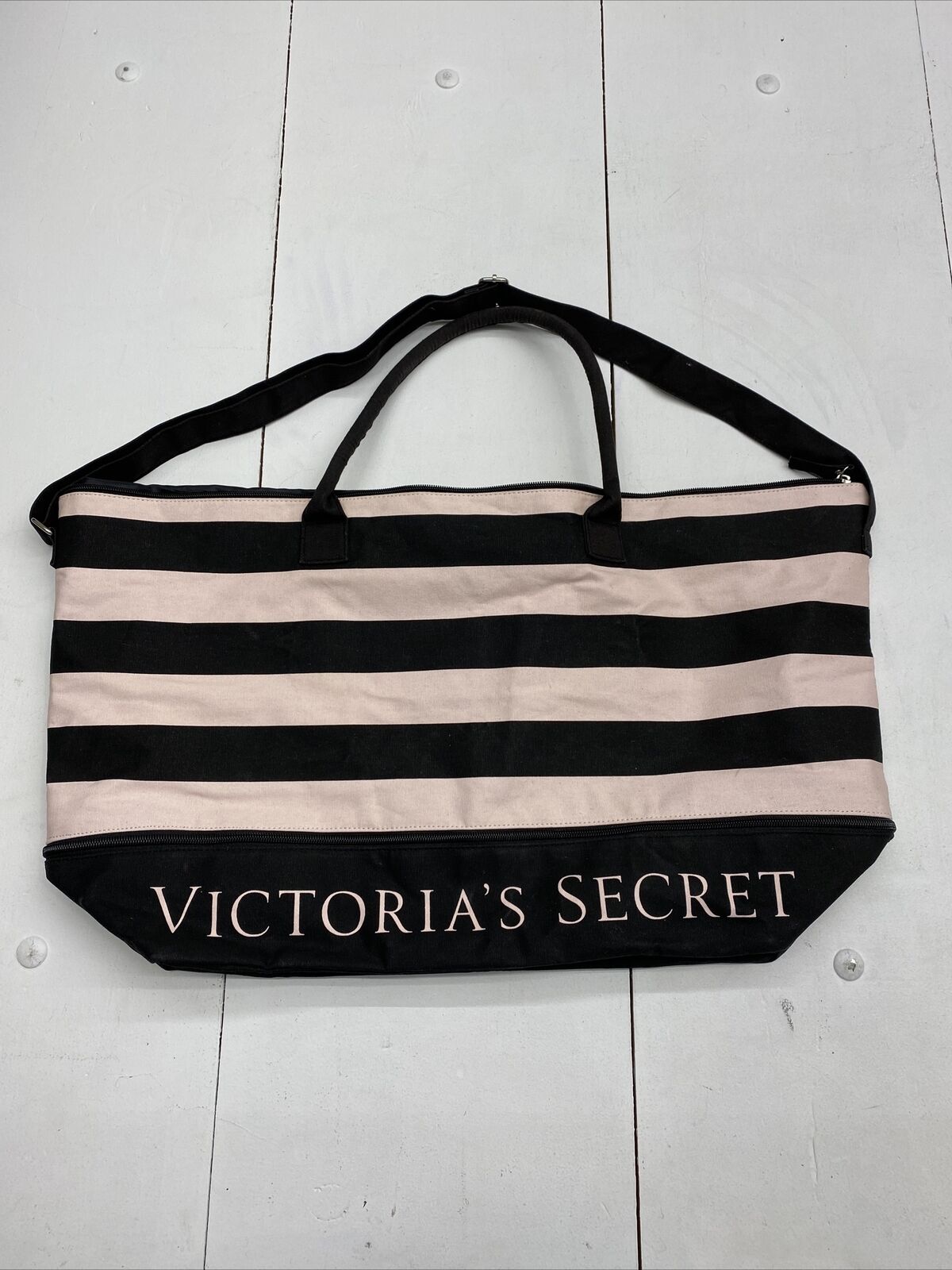 Victoria’s Secret Pink and Black Stripe Expandable Tote Bag Top Zipper  Closure